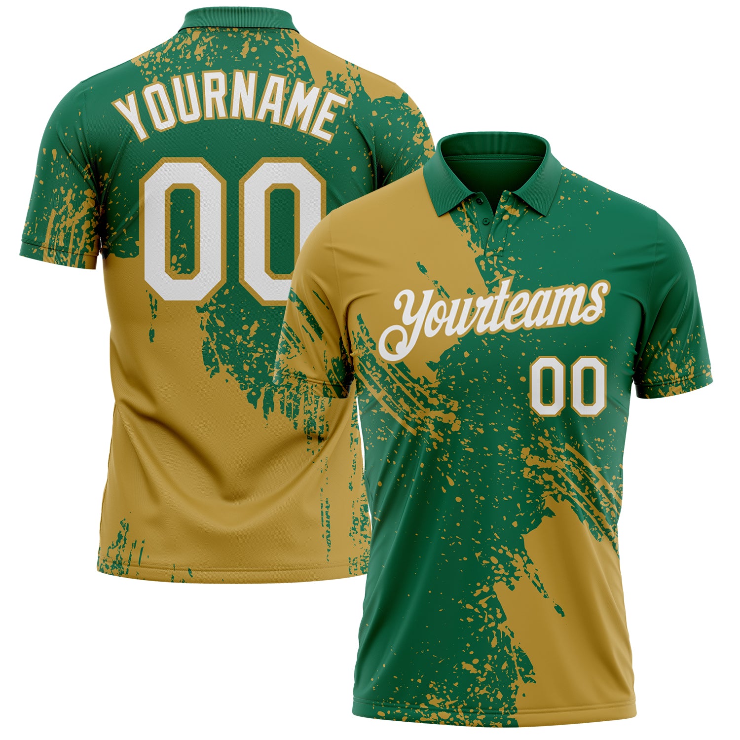 Custom Kelly Green White-Old Gold Distressed Scratch Brush Stroke Performance Polo Shirt