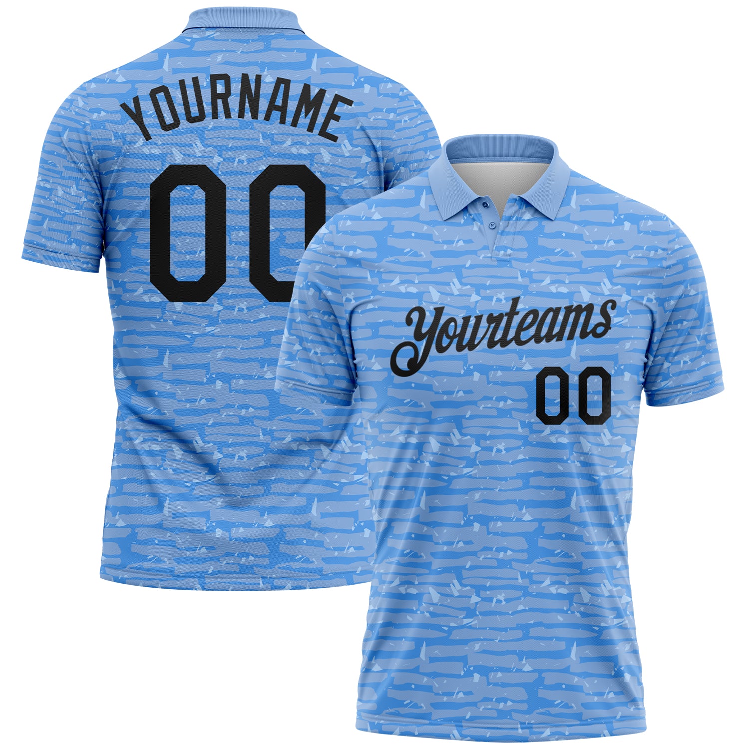 Custom Light Blue-Black Distressed Fragment Brush Stroke Performance Polo Shirt