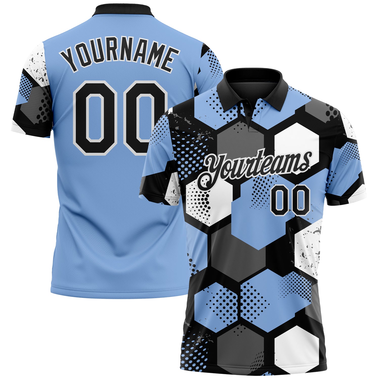 Custom Light Blue Black Gray-White Modern Geometric Tech Hexagon Grid Performance Polo Shirt