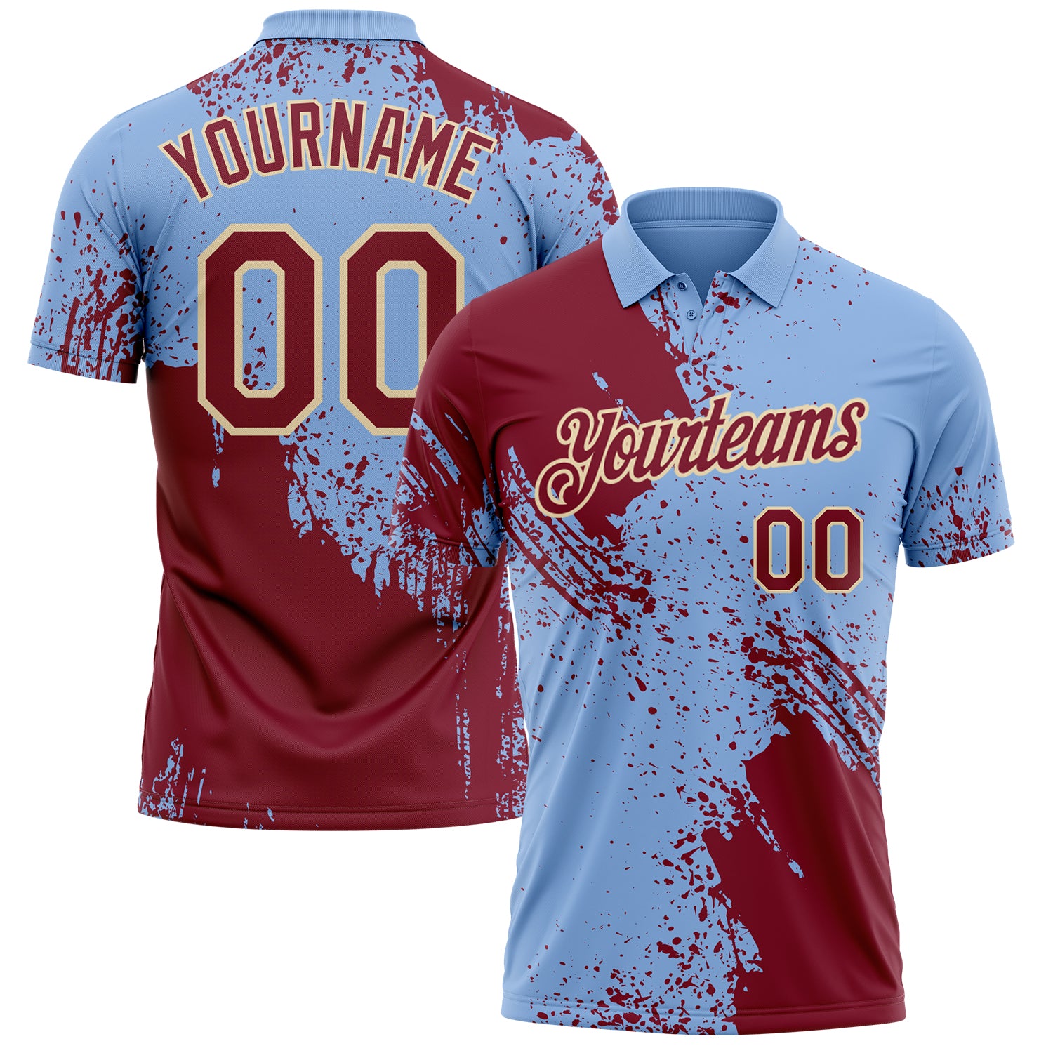 Custom Light Blue Crimson-Cream Distressed Scratch Brush Stroke Performance Polo Shirt
