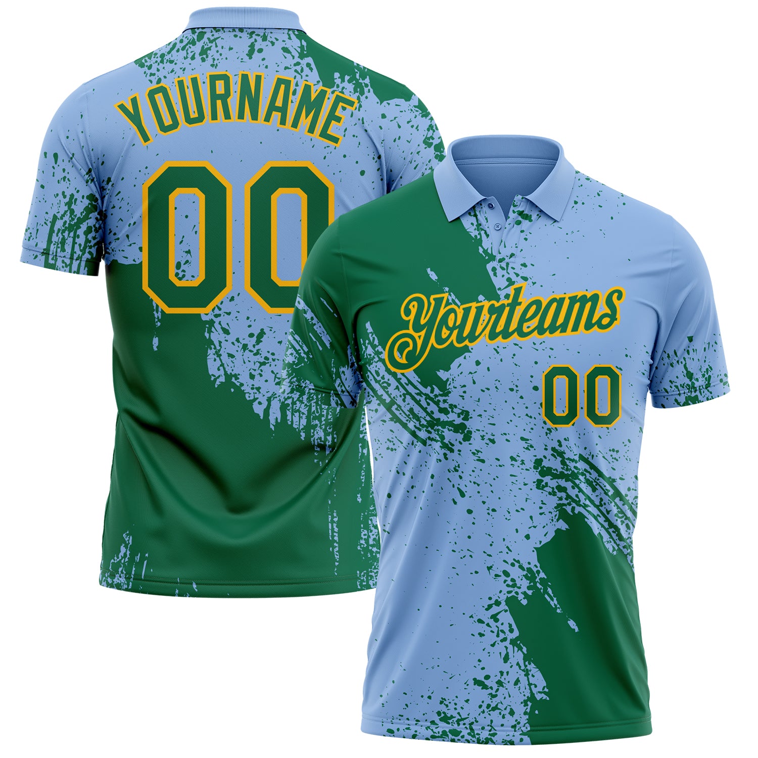 Custom Light Blue Kelly Green-Gold Distressed Scratch Brush Stroke Performance Polo Shirt