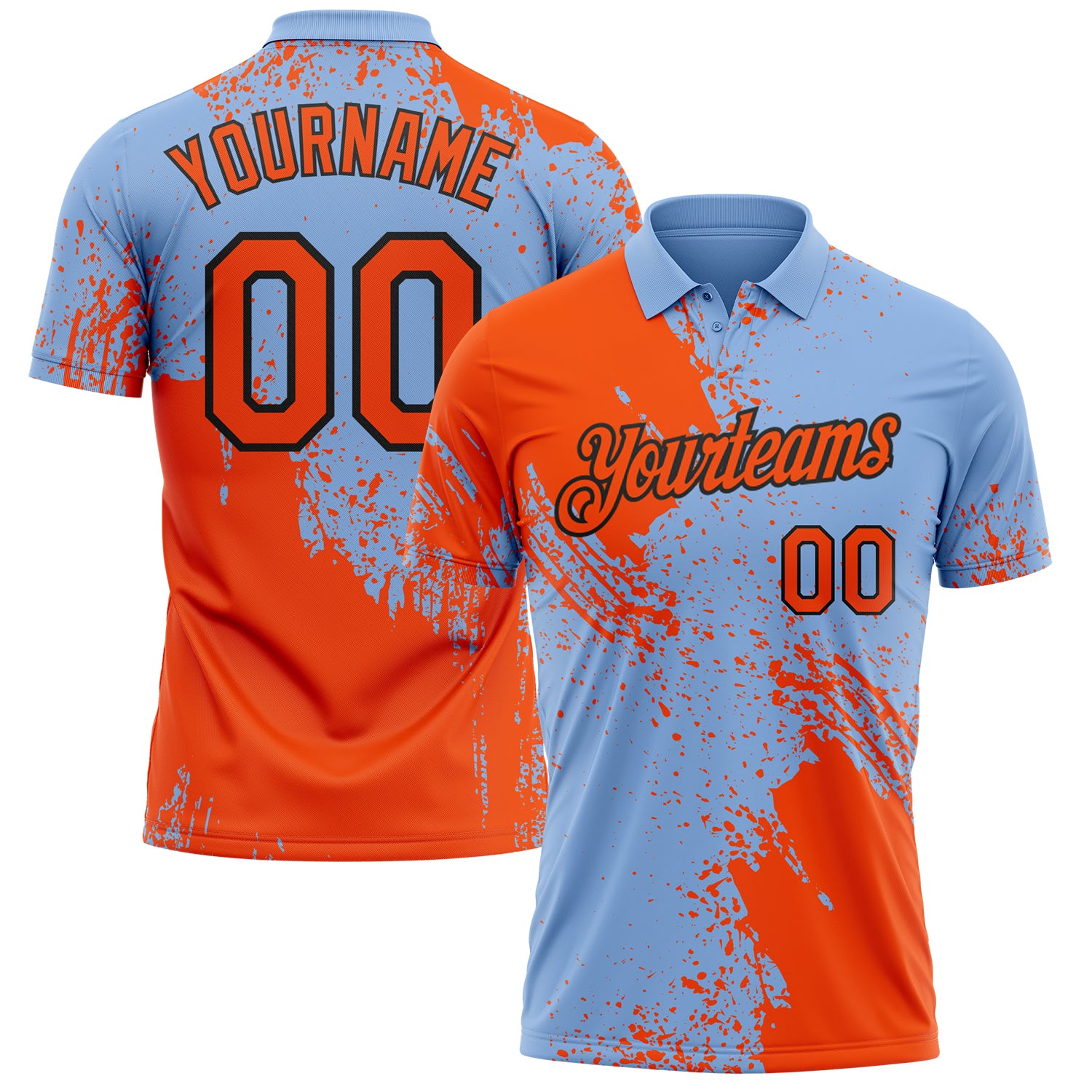 Custom Light Blue Orange-Black Distressed Scratch Brush Stroke Performance Polo Shirt