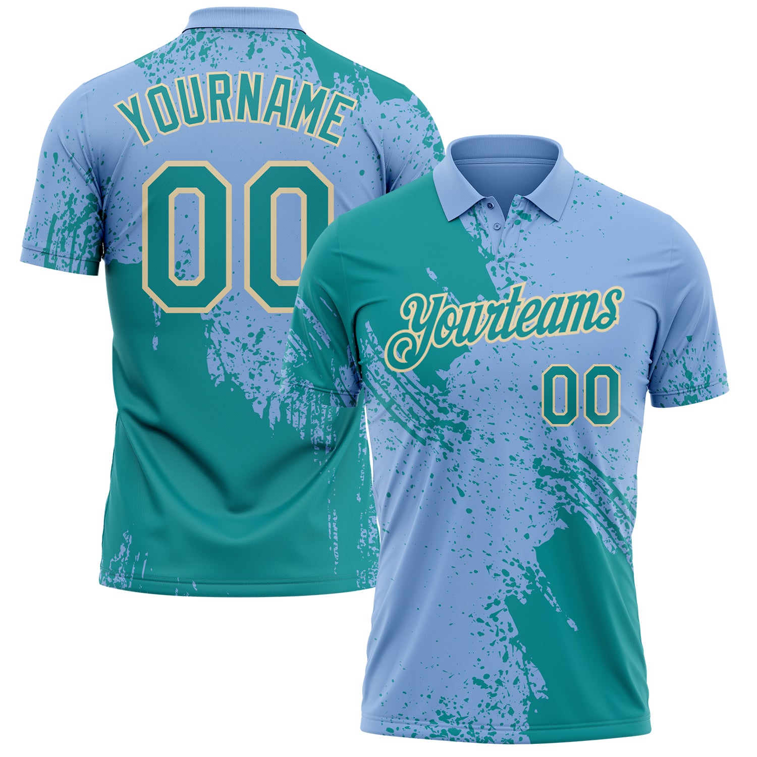Custom Light Blue Teal-Cream Distressed Scratch Brush Stroke Performance Polo Shirt