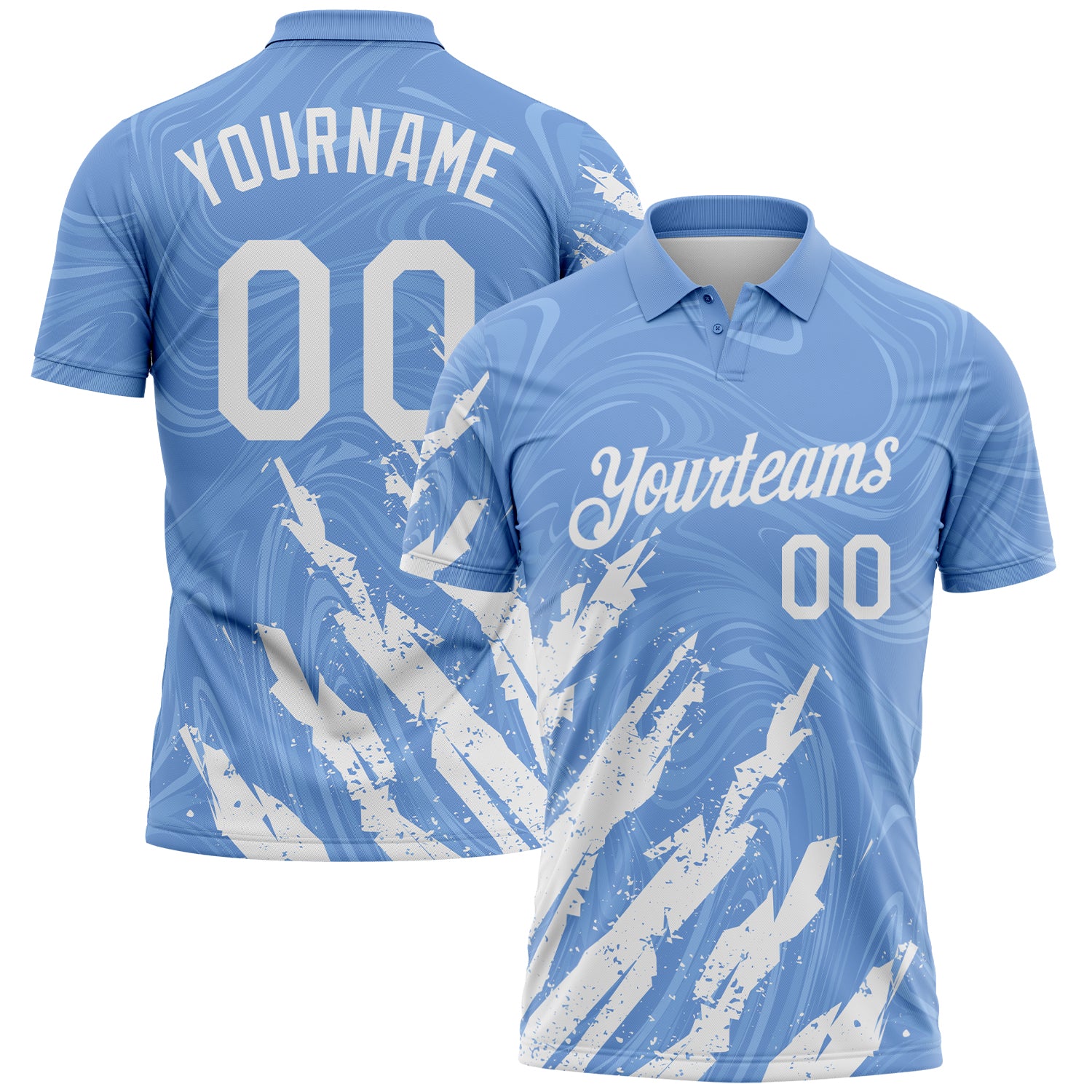 Custom Light Blue-White Brush Stroke Splatter Liquid Swirl Performance Polo Shirt