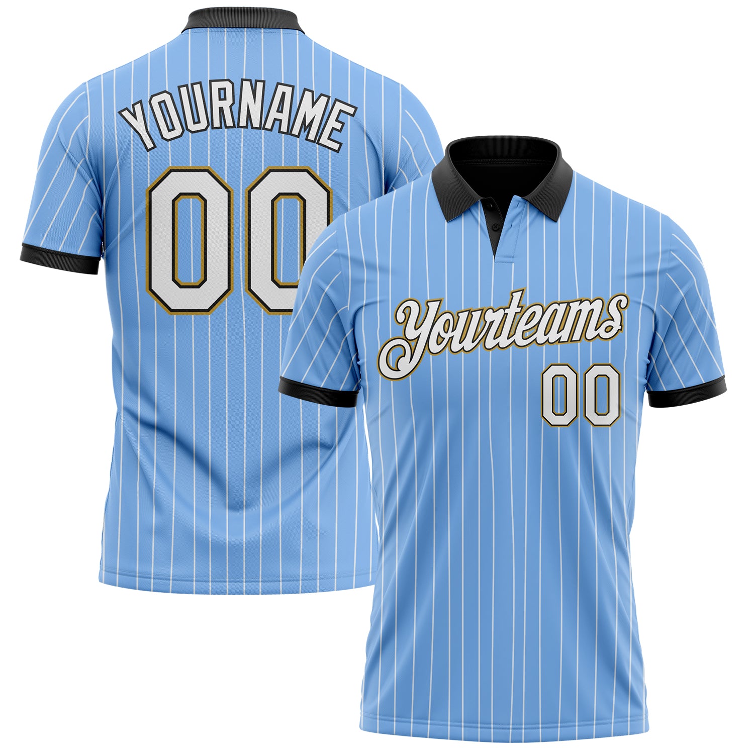 Custom Light Blue White Pinstripe Black-Old Gold Performance Polo Shirt