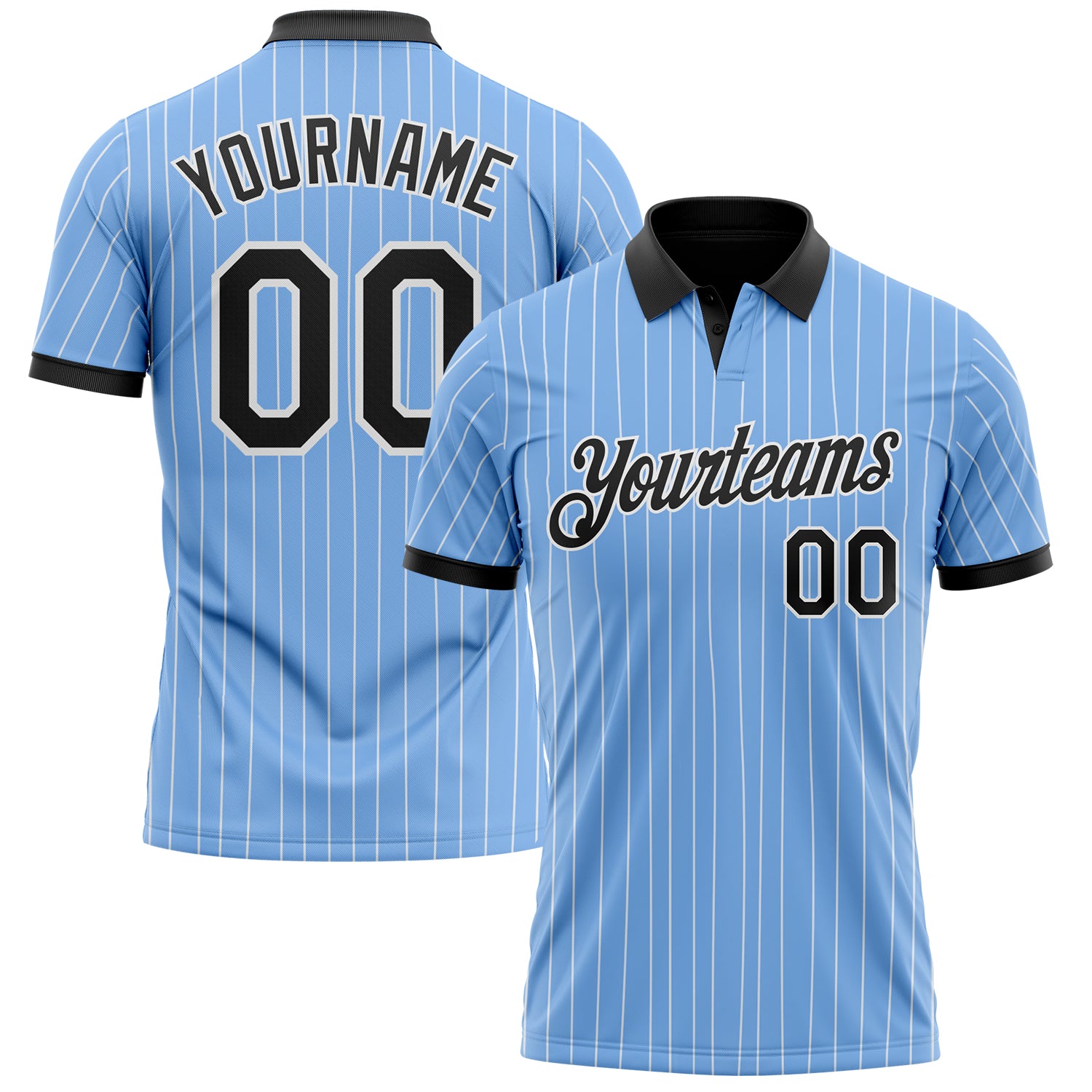 Custom Light Blue White Pinstripe-Black Performance Polo Shirt