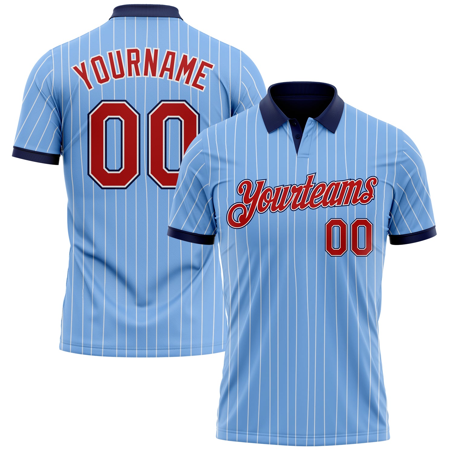 Custom Light Blue White Pinstripe Red-Navy Performance Polo Shirt