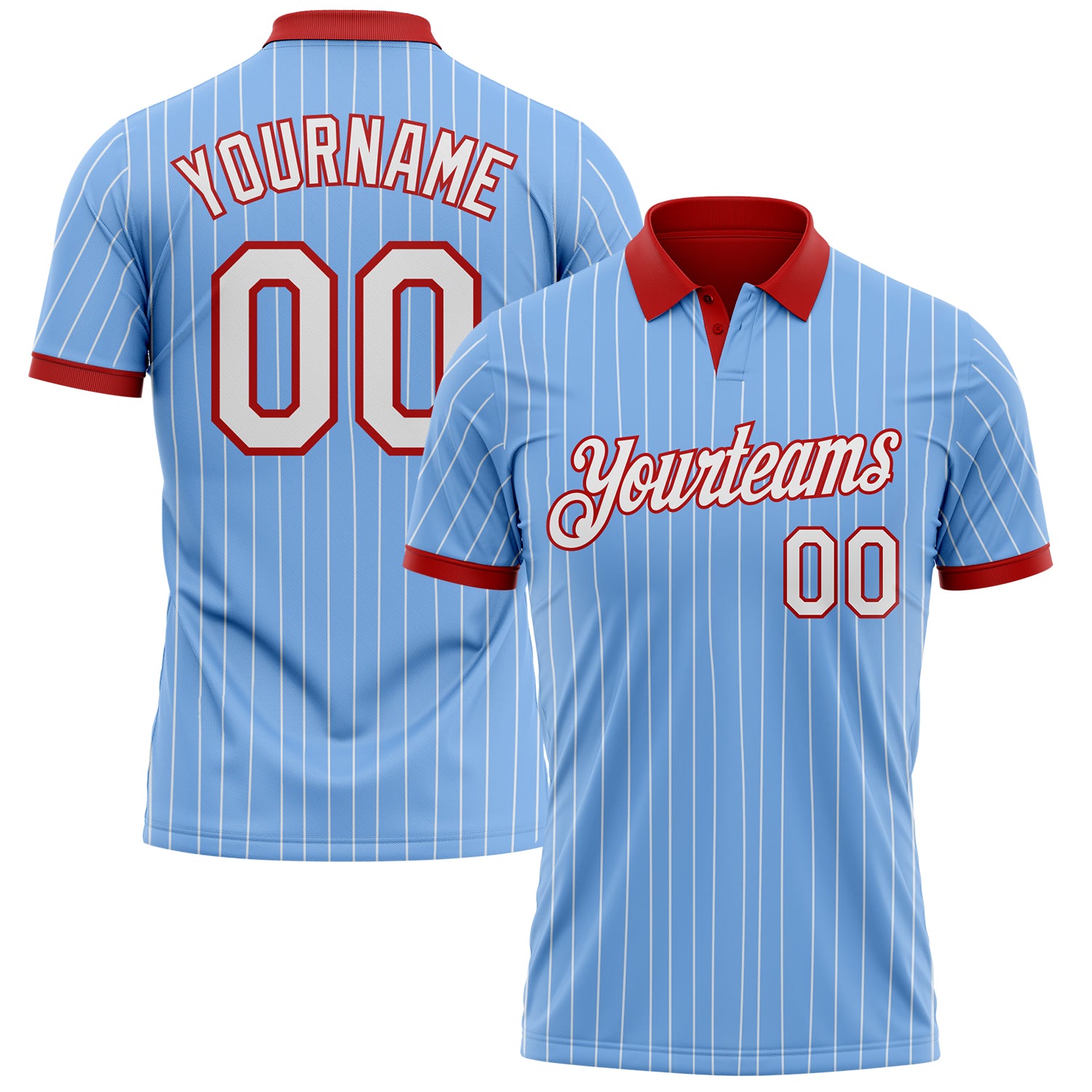 Custom Light Blue White Pinstripe-Red Performance Polo Shirt