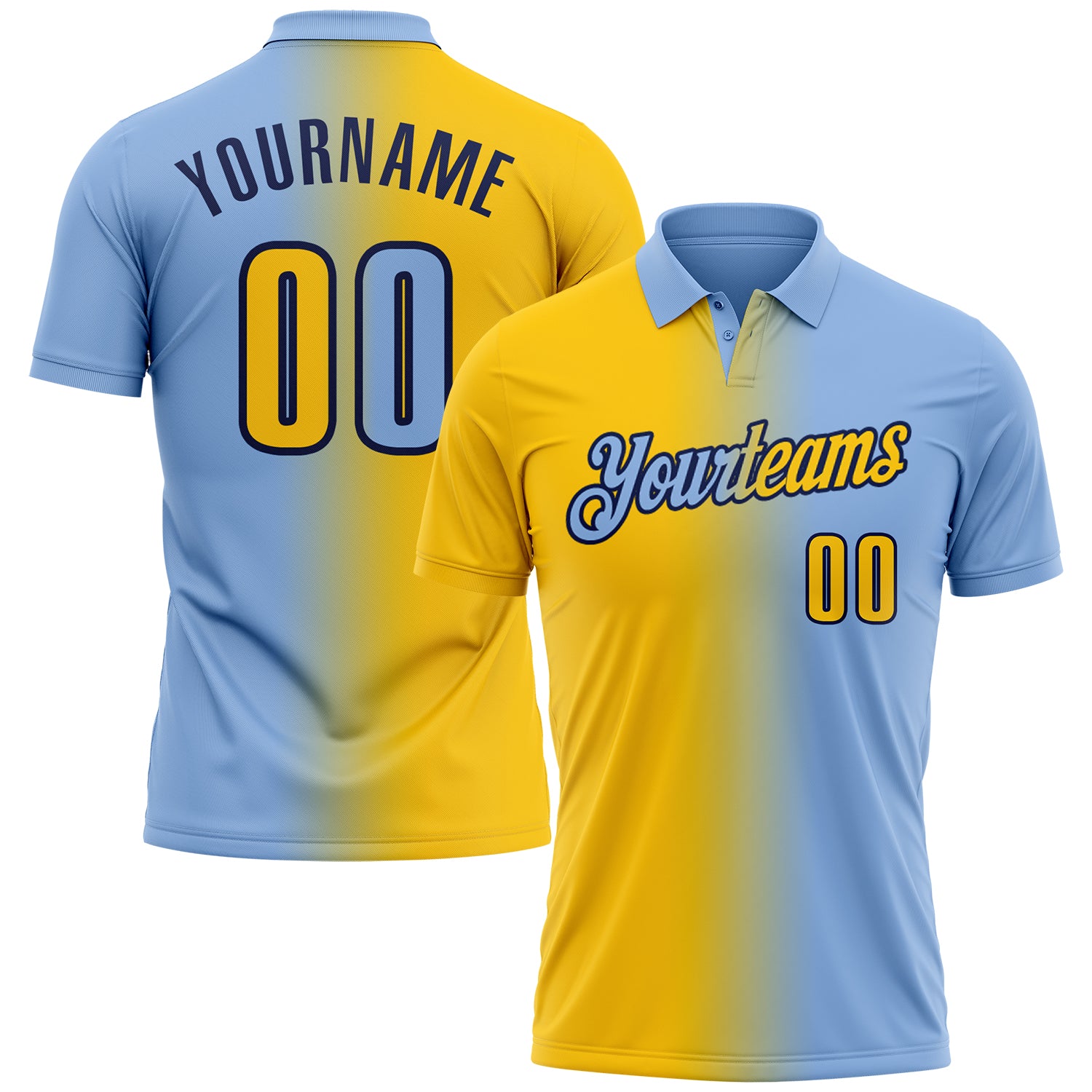 Custom Light Blue Yellow-Navy 3D Gradient Fashion Performance Polo Shirt