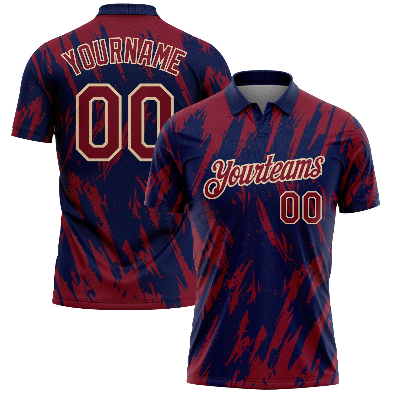 Custom Navy Crimson-City Cream Torn Sharp Brush Stroke Splatter Performance Polo Shirt