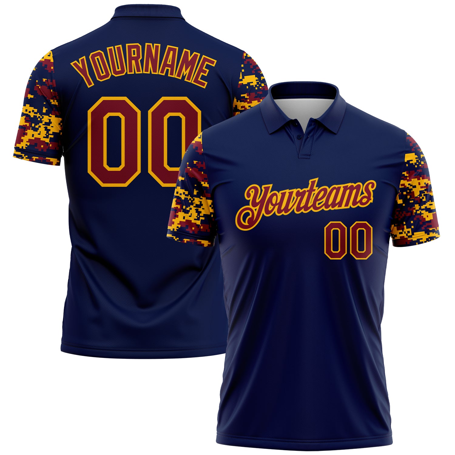 Custom Navy Crimson-Gold Digital Camo Two Tone Performance Polo Shirt