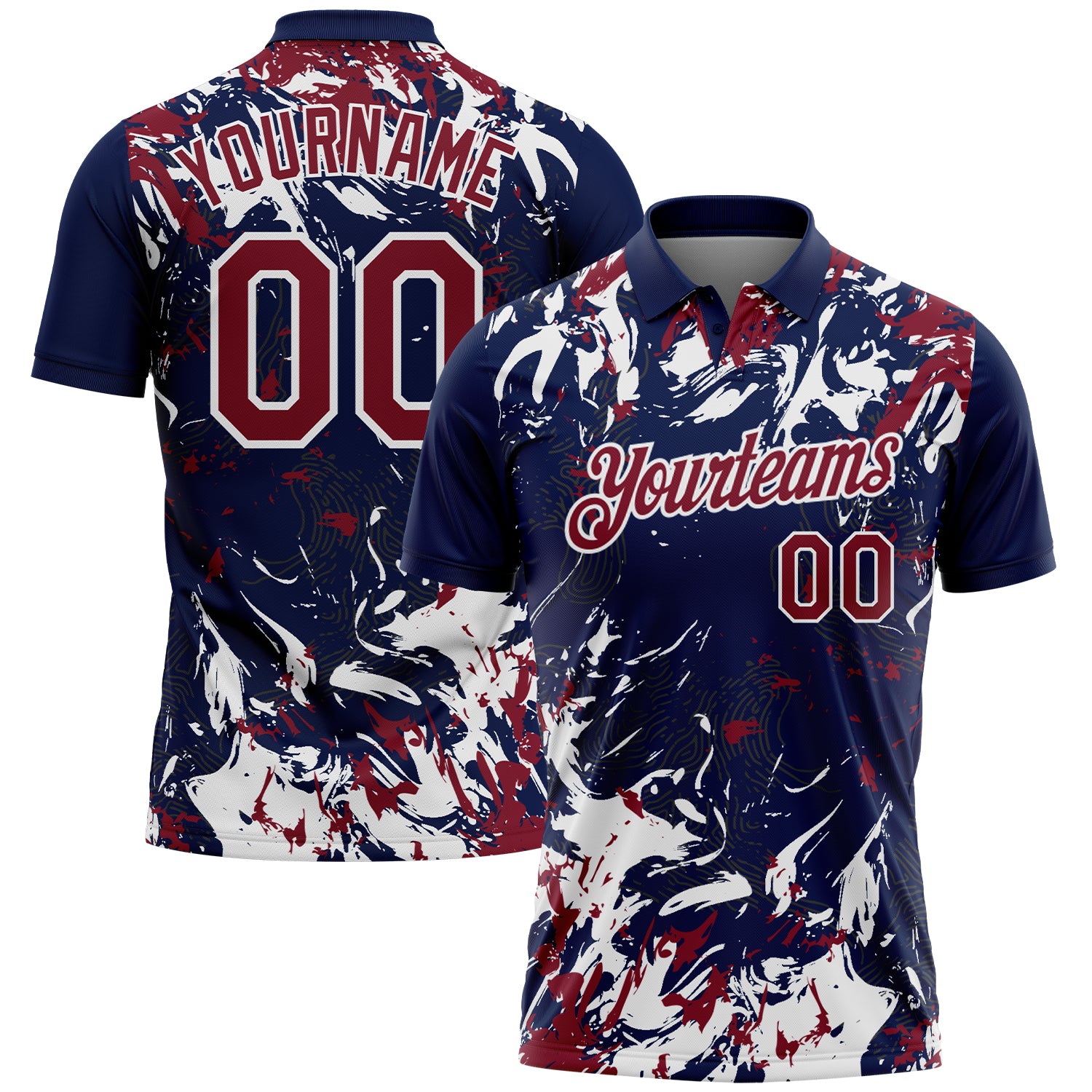 Custom Navy Crimson-White Dynamic Splatter Brush Stroke Performance Polo Shirt