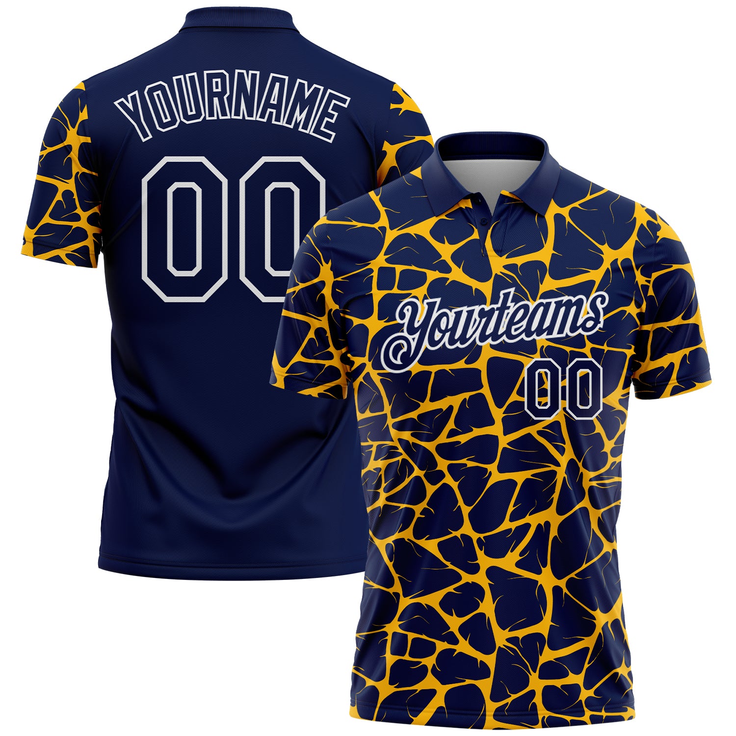 Custom Navy Gold-White 3D Pattern Abstract Network Crackle Performance Polo Shirt