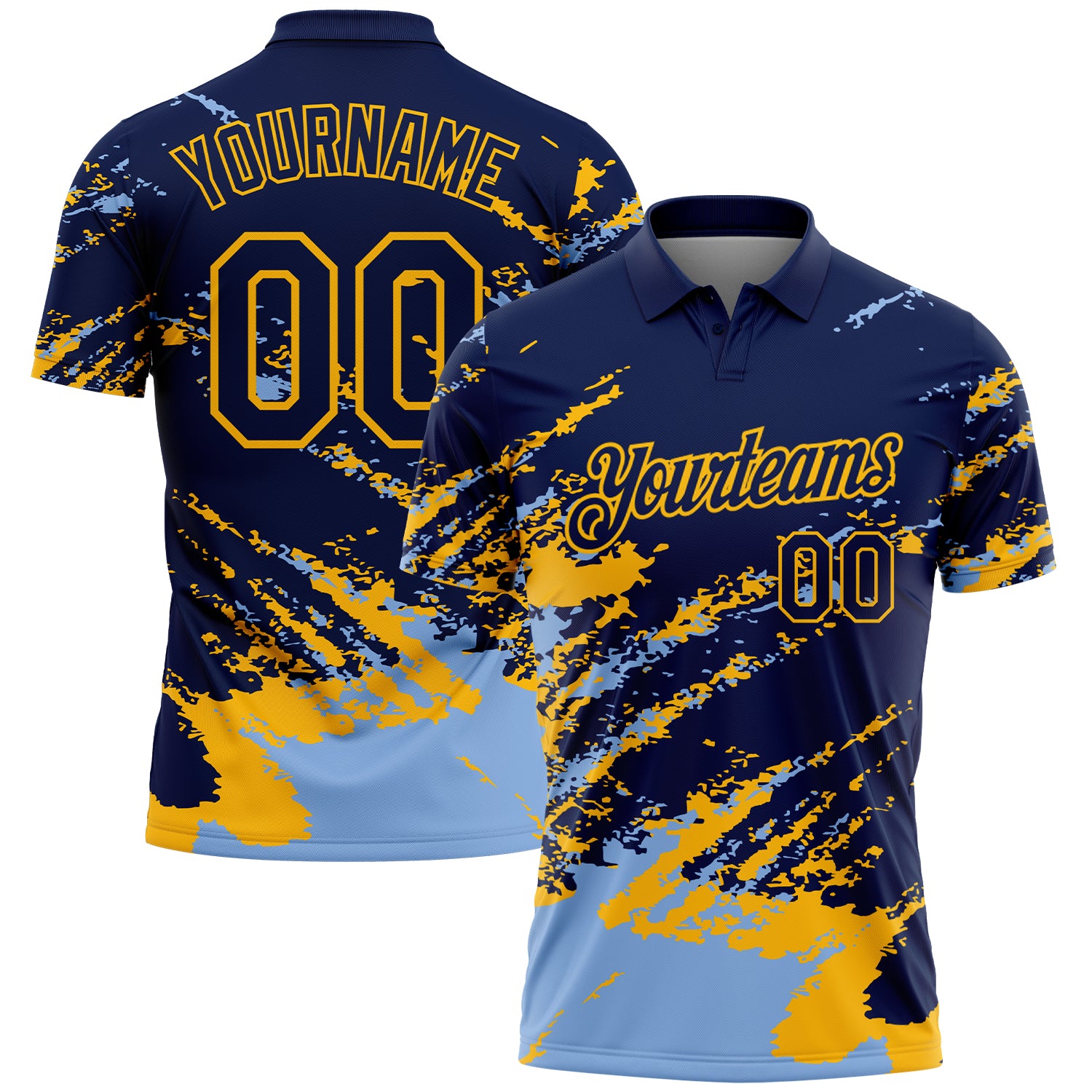 Custom Navy Light Blue-Gold Brush Stroke Shatter Splatter Performance Polo Shirt