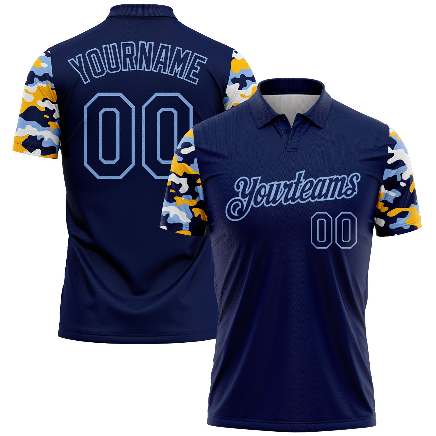 Custom Navy Light Blue Gold-White Digital Camo Two Tone Performance Polo Shirt