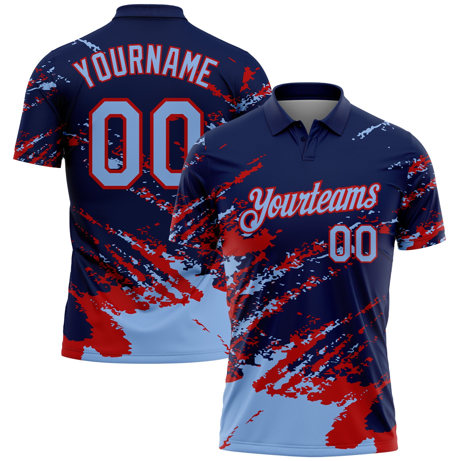 Custom Navy Light Blue-Red Brush Stroke Shatter Splatter Performance Polo Shirt