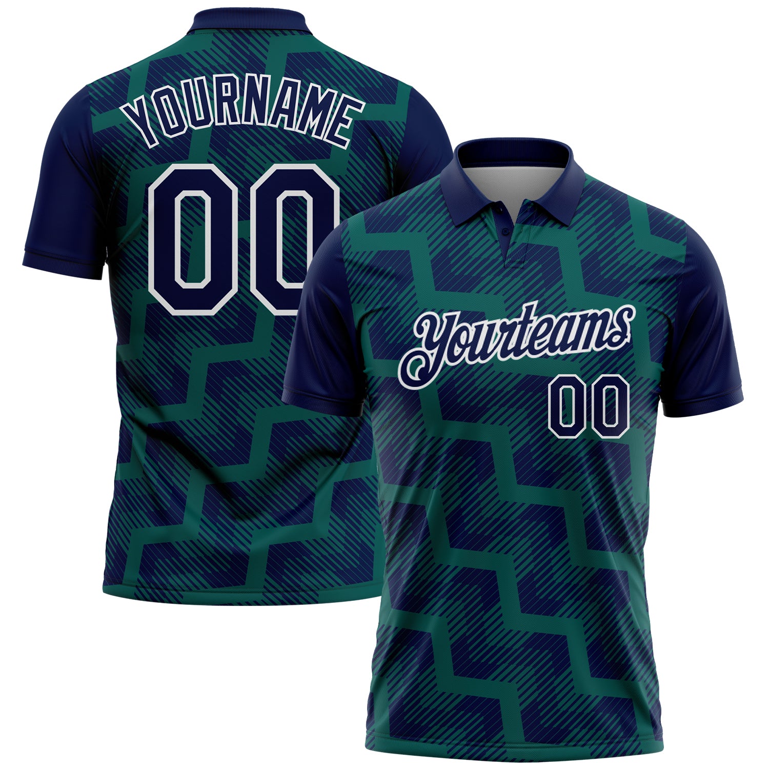Custom Navy Midnight Green-White Geometric Block Diagonal Line Hatching Performance Polo Shirt