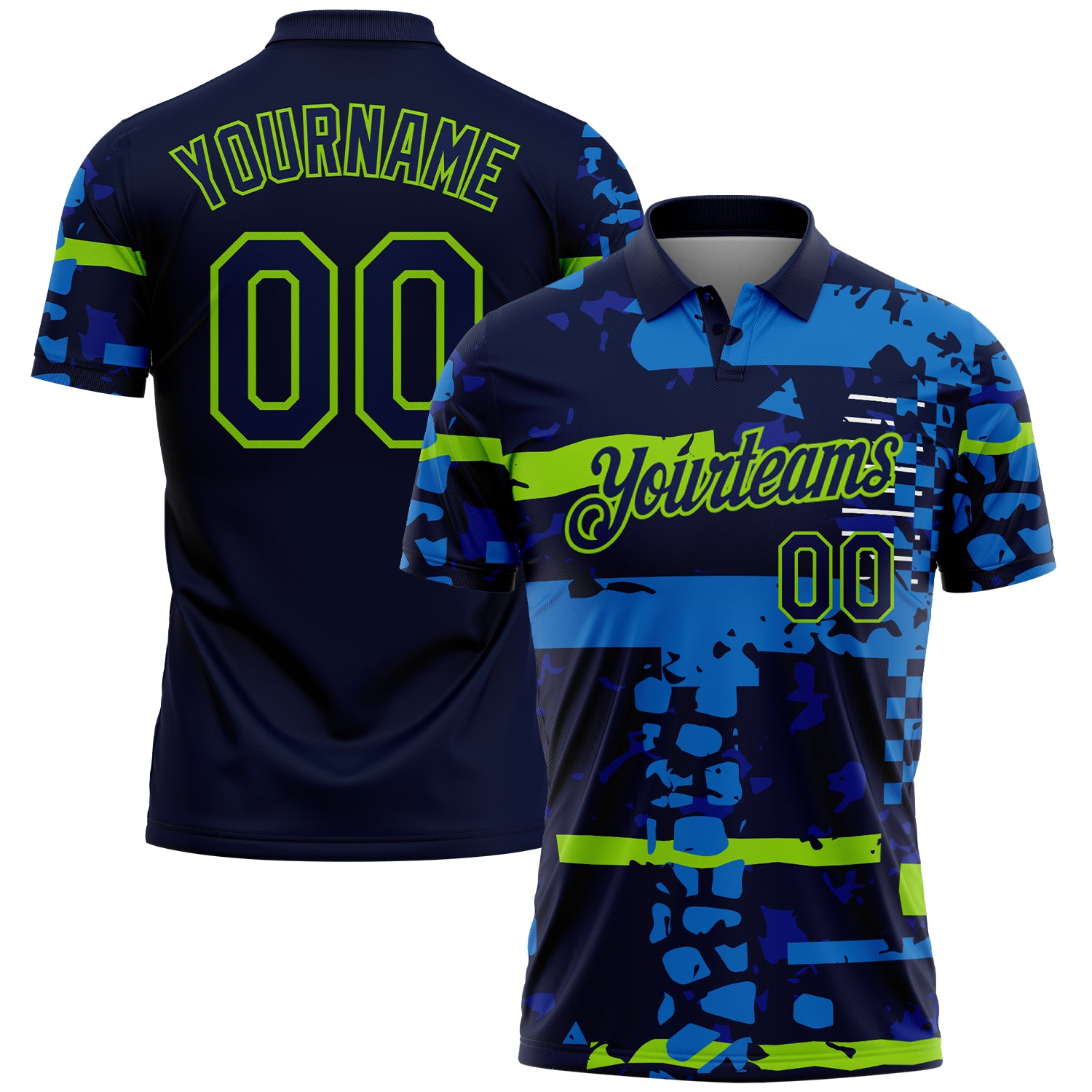 Custom Navy-Neon Green Abstract Geometric Grunge Fragment Performance Polo Shirt