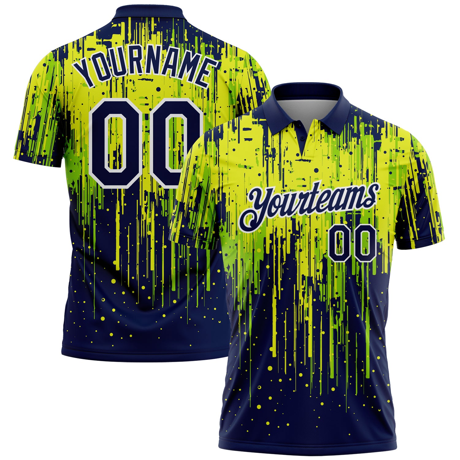 Custom Navy Neon Green Neon Yellow-White Dripping Splatter Paint Performance Polo Shirt