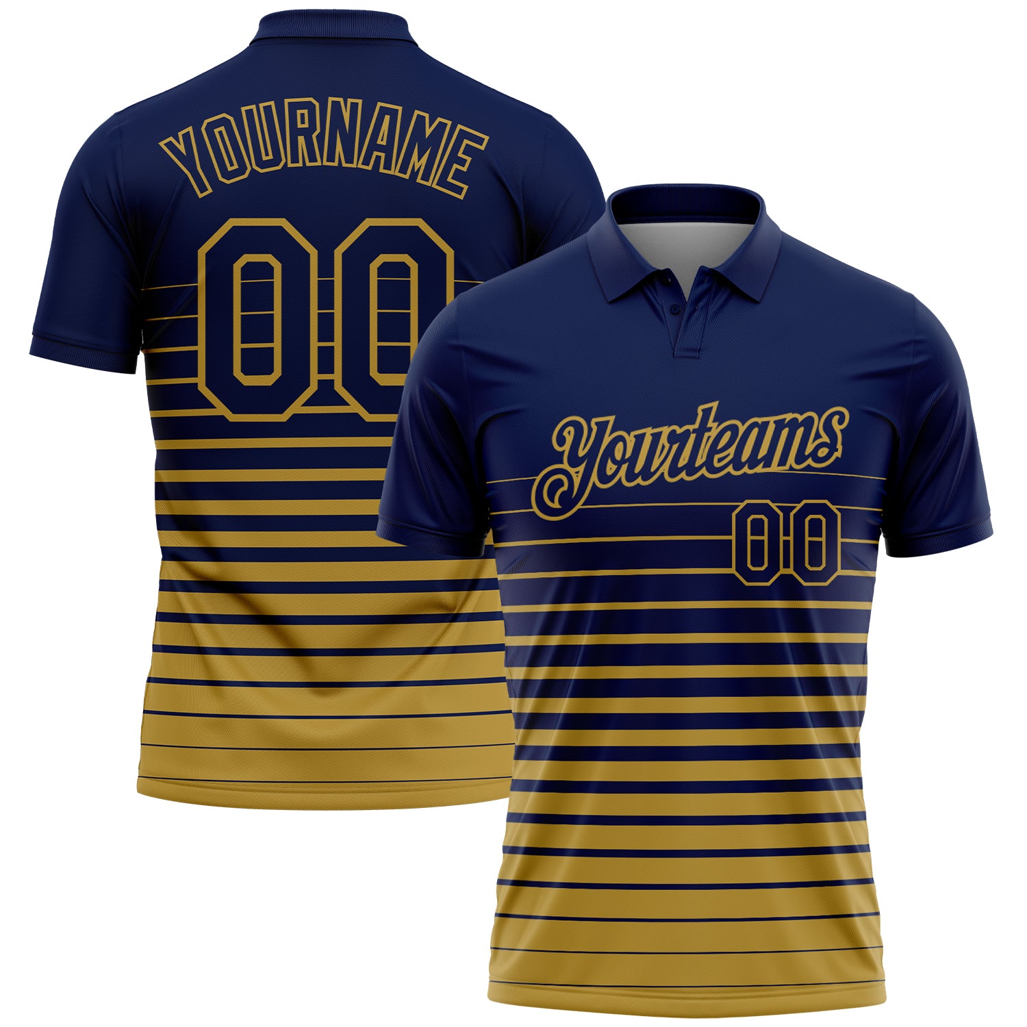 Custom Navy-Old Gold Horizontal Gradient Stripe Performance Polo Shirt
