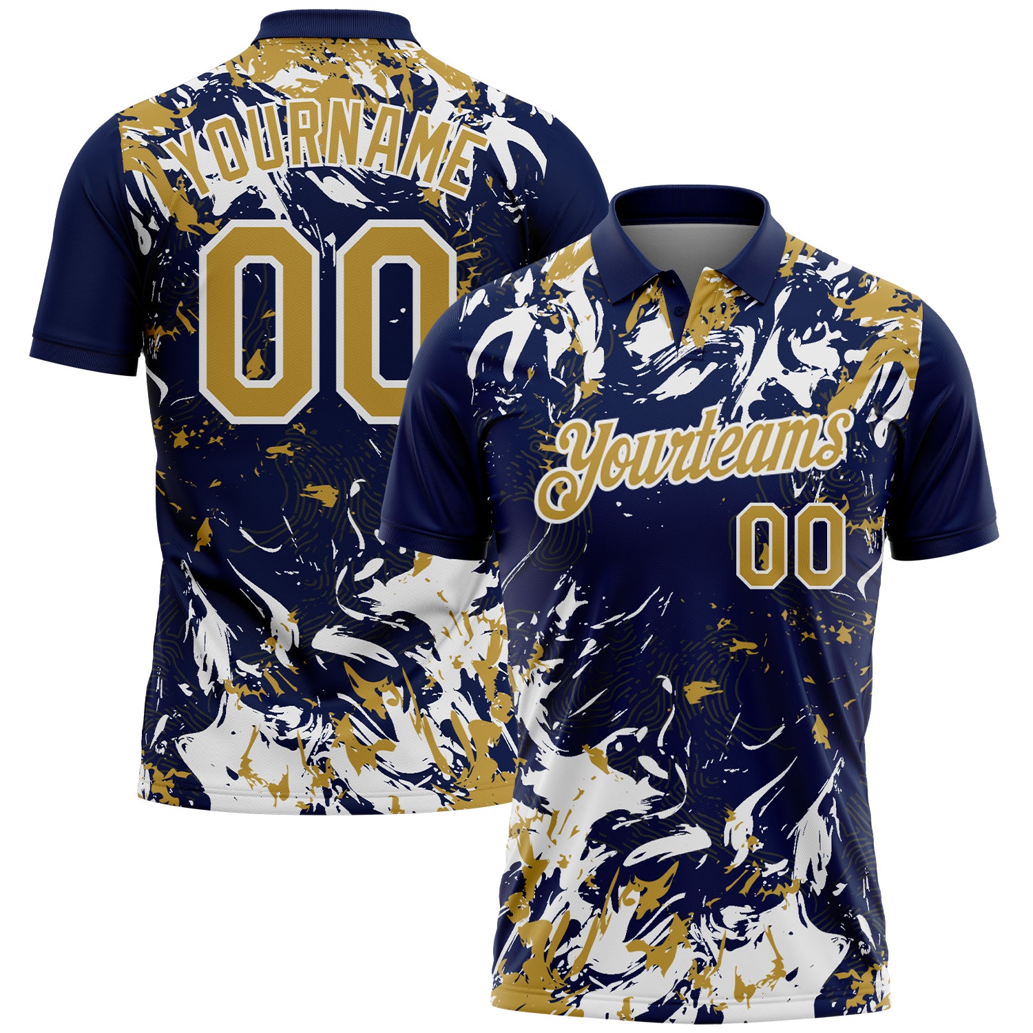 Custom Navy Old Gold-White Dynamic Splatter Brush Stroke Performance Polo Shirt