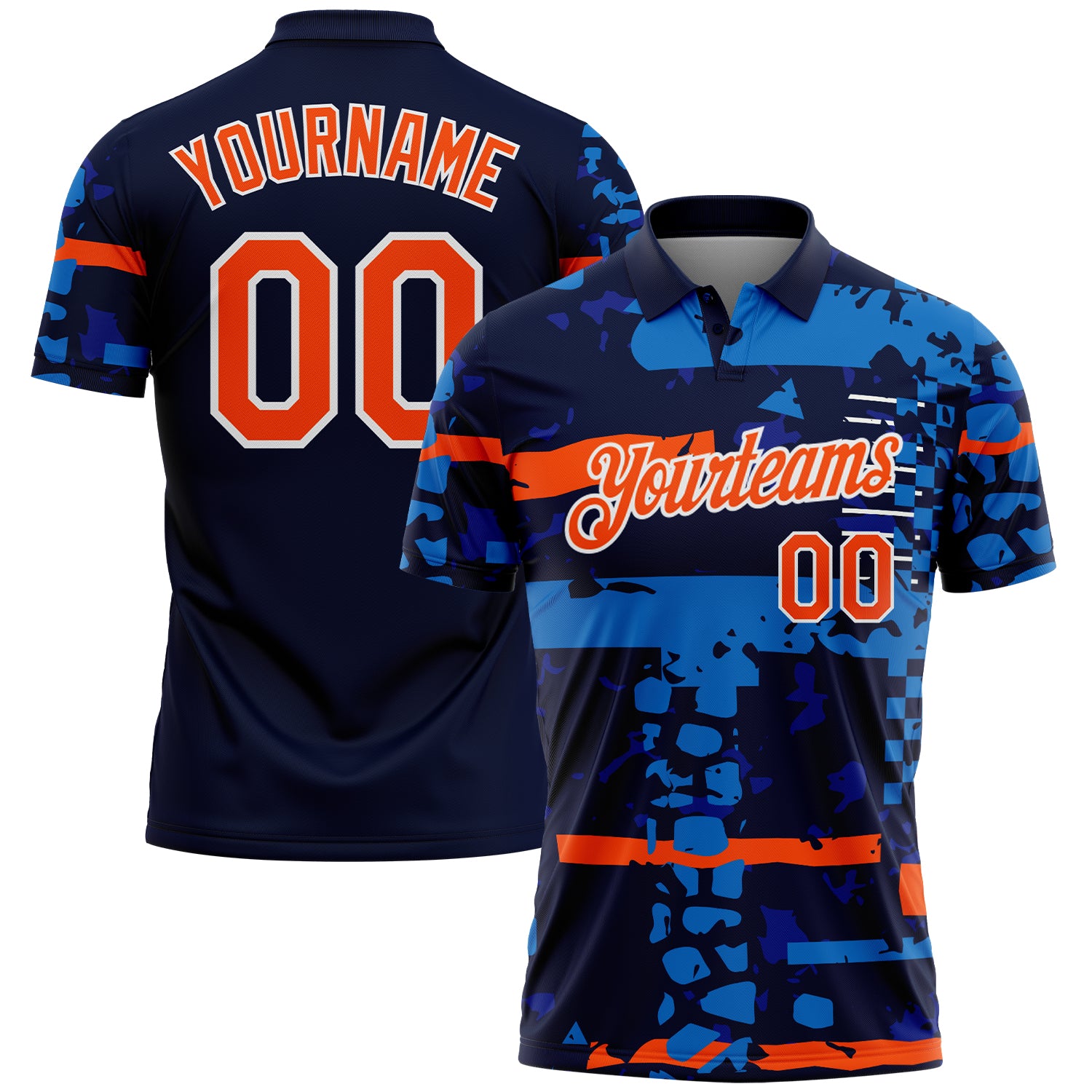 Custom Navy Orange-White Abstract Geometric Grunge Fragment Performance Polo Shirt