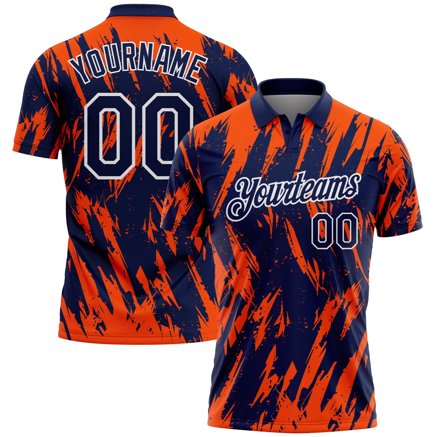 Custom Navy Orange-White Torn Sharp Brush Stroke Splatter Performance Polo Shirt