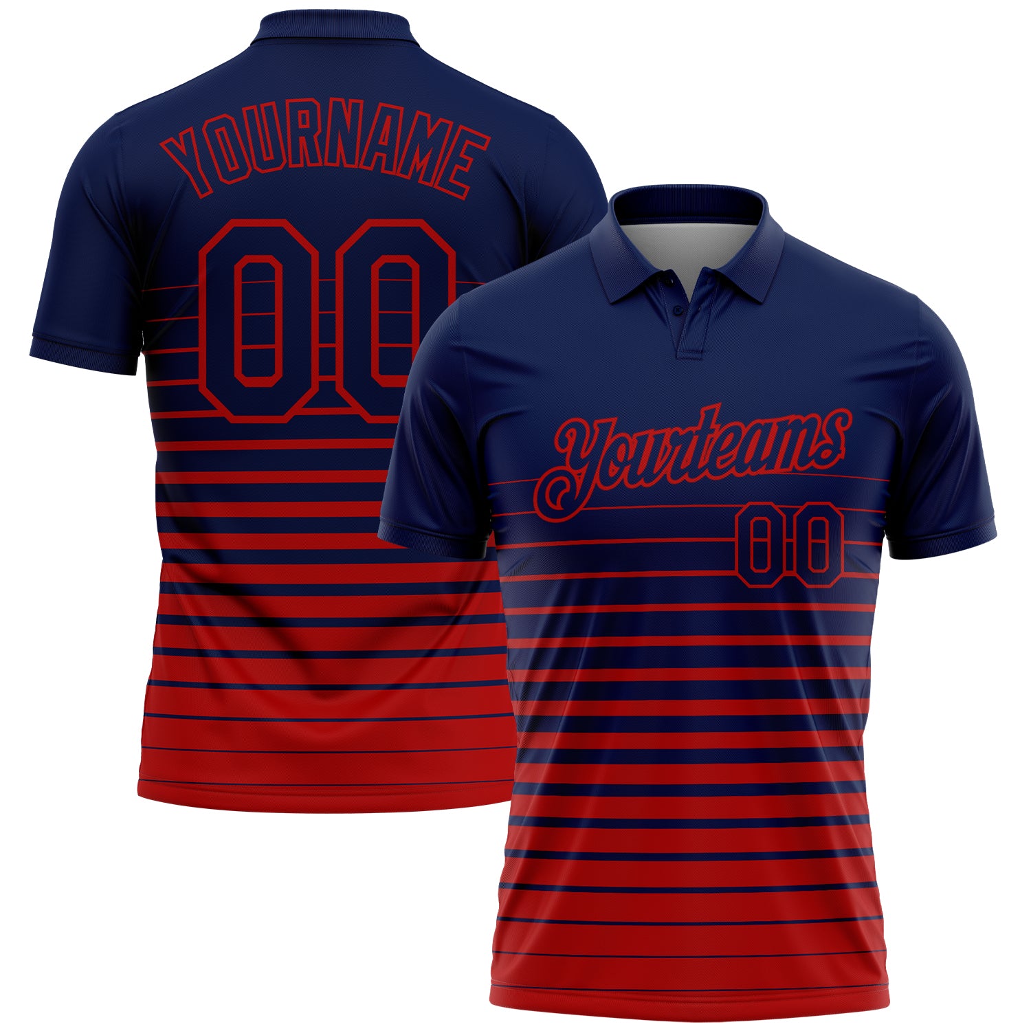 Custom Navy-Red Horizontal Gradient Stripe Performance Polo Shirt
