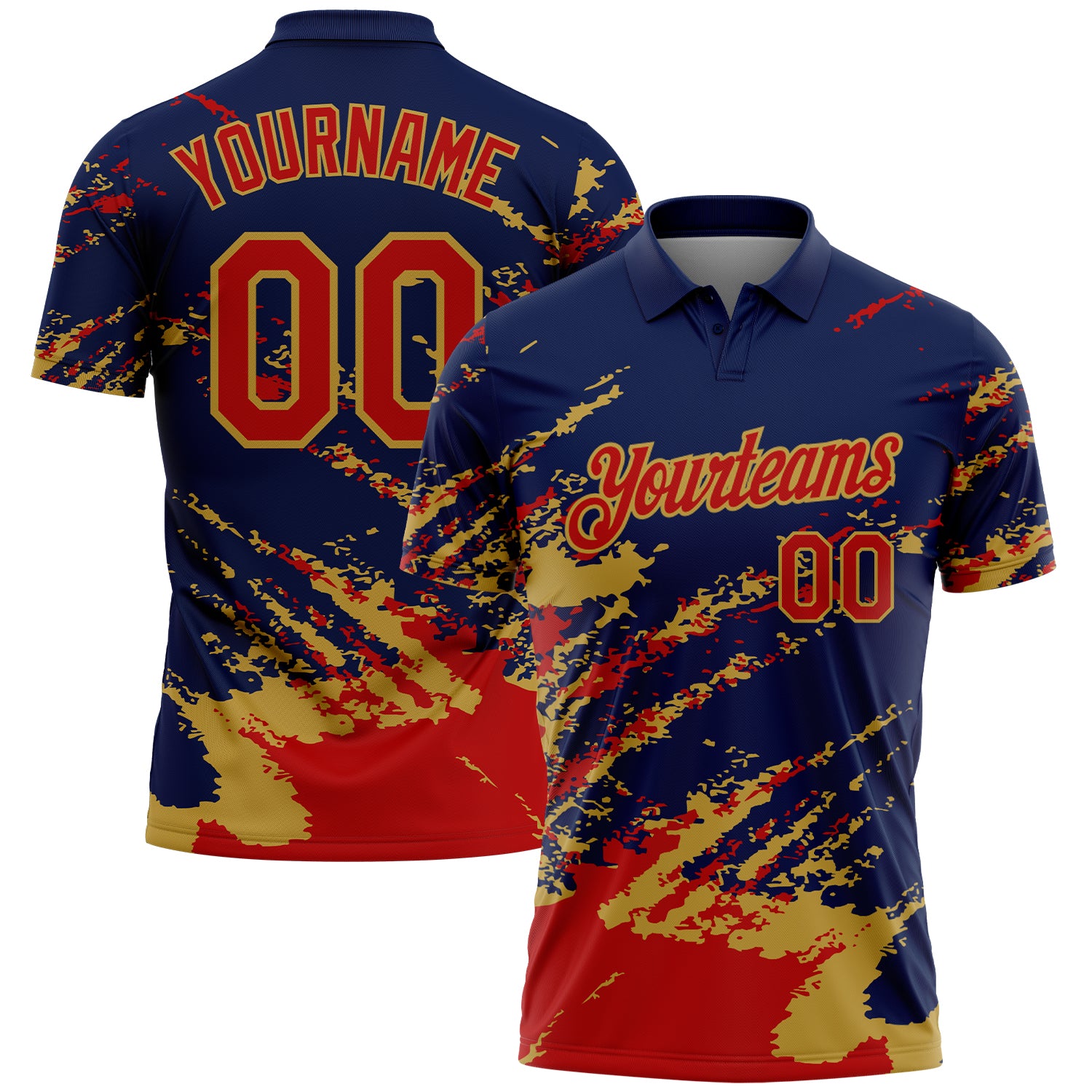 Custom Navy Red-Old Gold Brush Stroke Shatter Splatter Performance Polo Shirt
