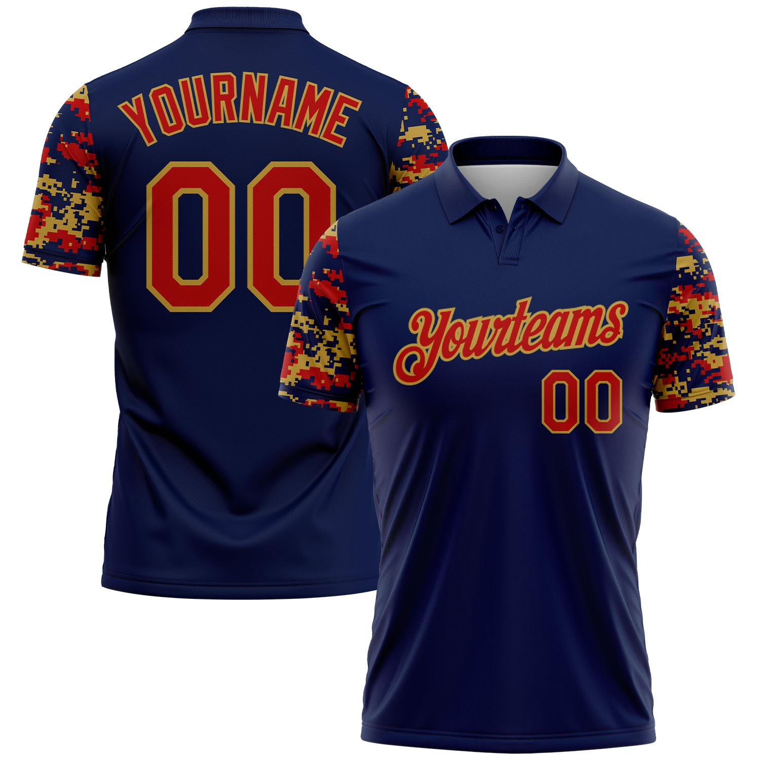Custom Navy Red-Old Gold Digital Camo Two Tone Performance Polo Shirt
