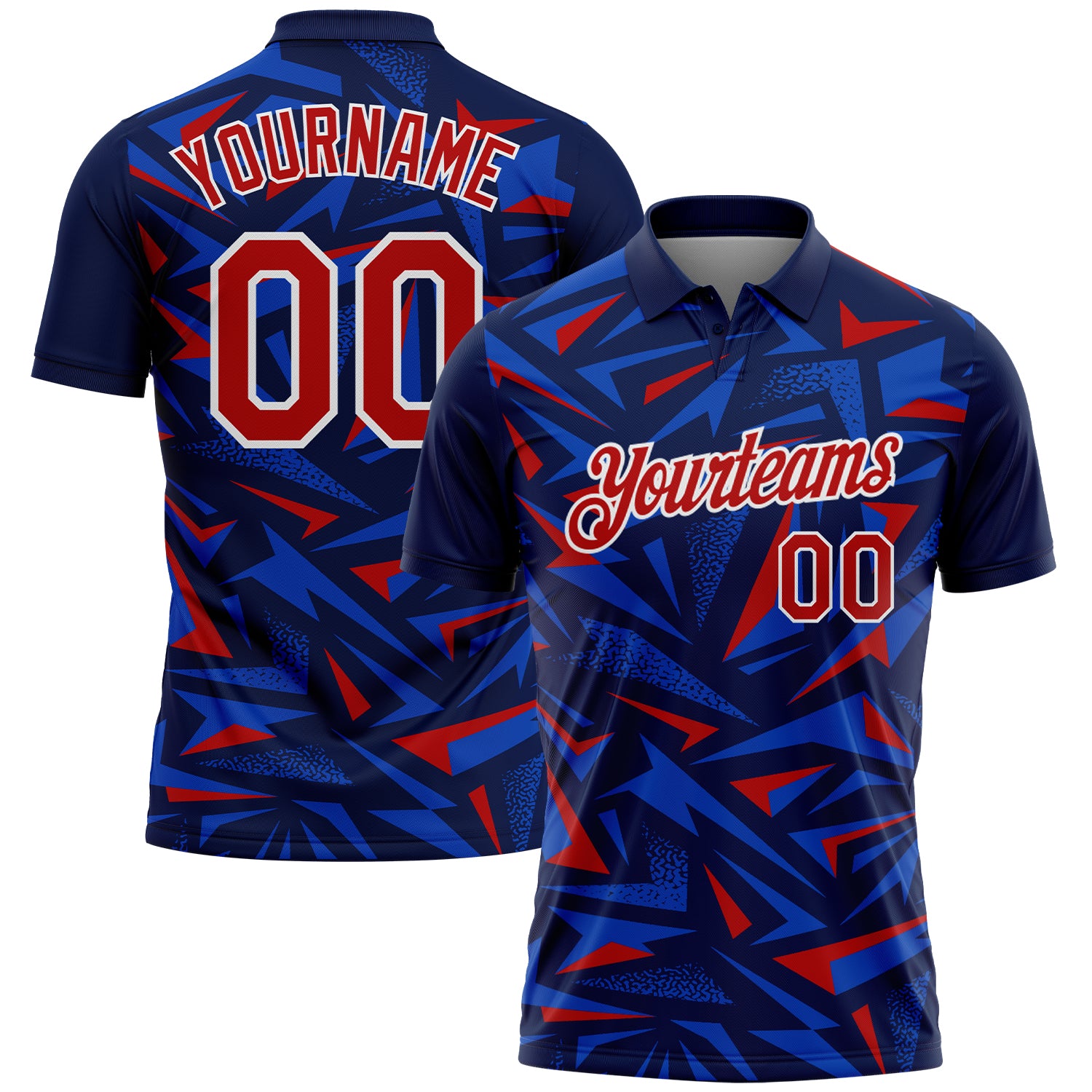 Custom Navy Red Thunder Blue-White Cyber Mecha E-sport Geometric Shards Spike Performance Polo Shirt