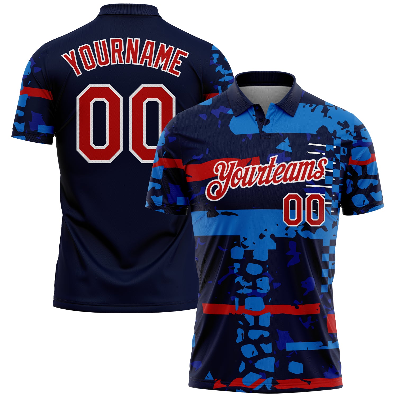 Custom Navy Red-White Abstract Geometric Grunge Fragment Performance Polo Shirt