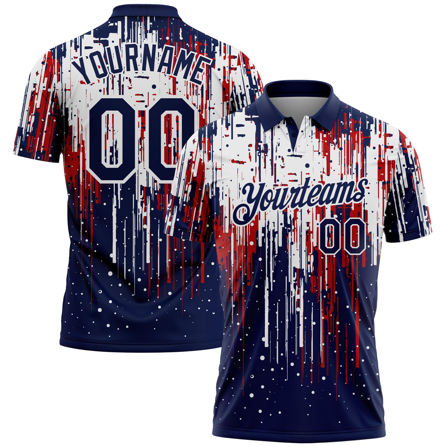 Custom Navy Red-White Dripping Splatter Paint Performance Polo Shirt