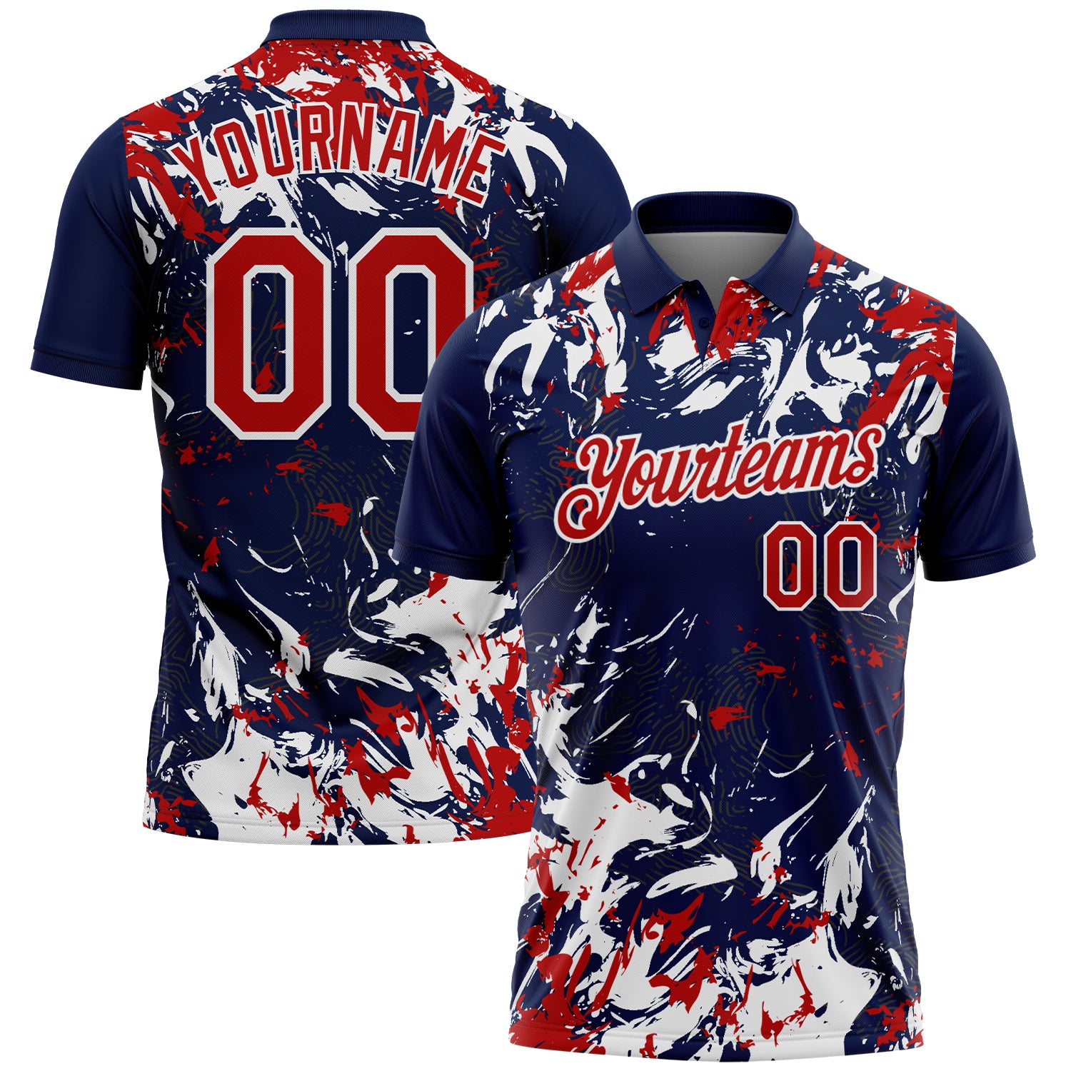 Custom Navy Red-White Dynamic Splatter Brush Stroke Performance Polo Shirt