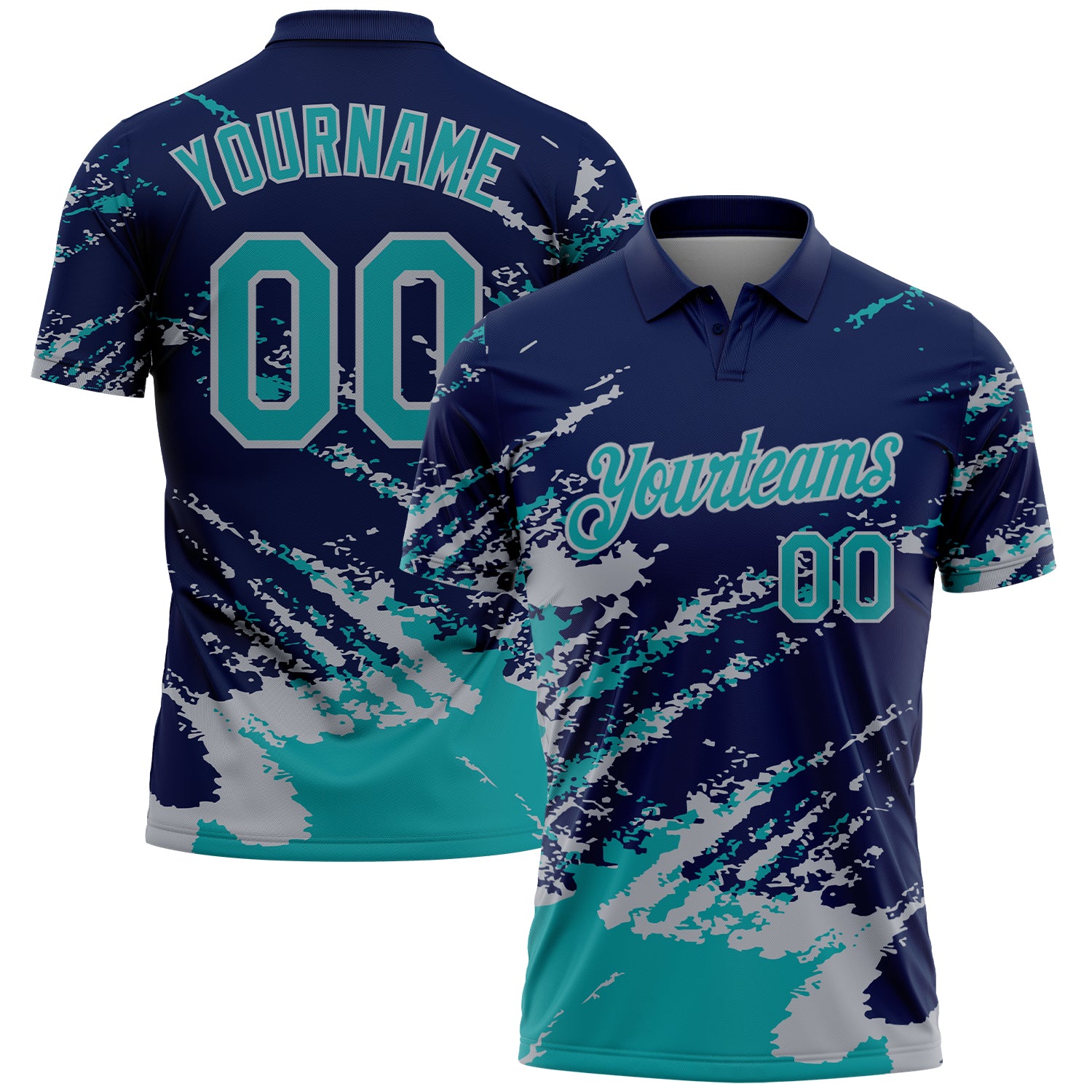 Custom Navy Teal-Gray Brush Stroke Shatter Splatter Performance Polo Shirt