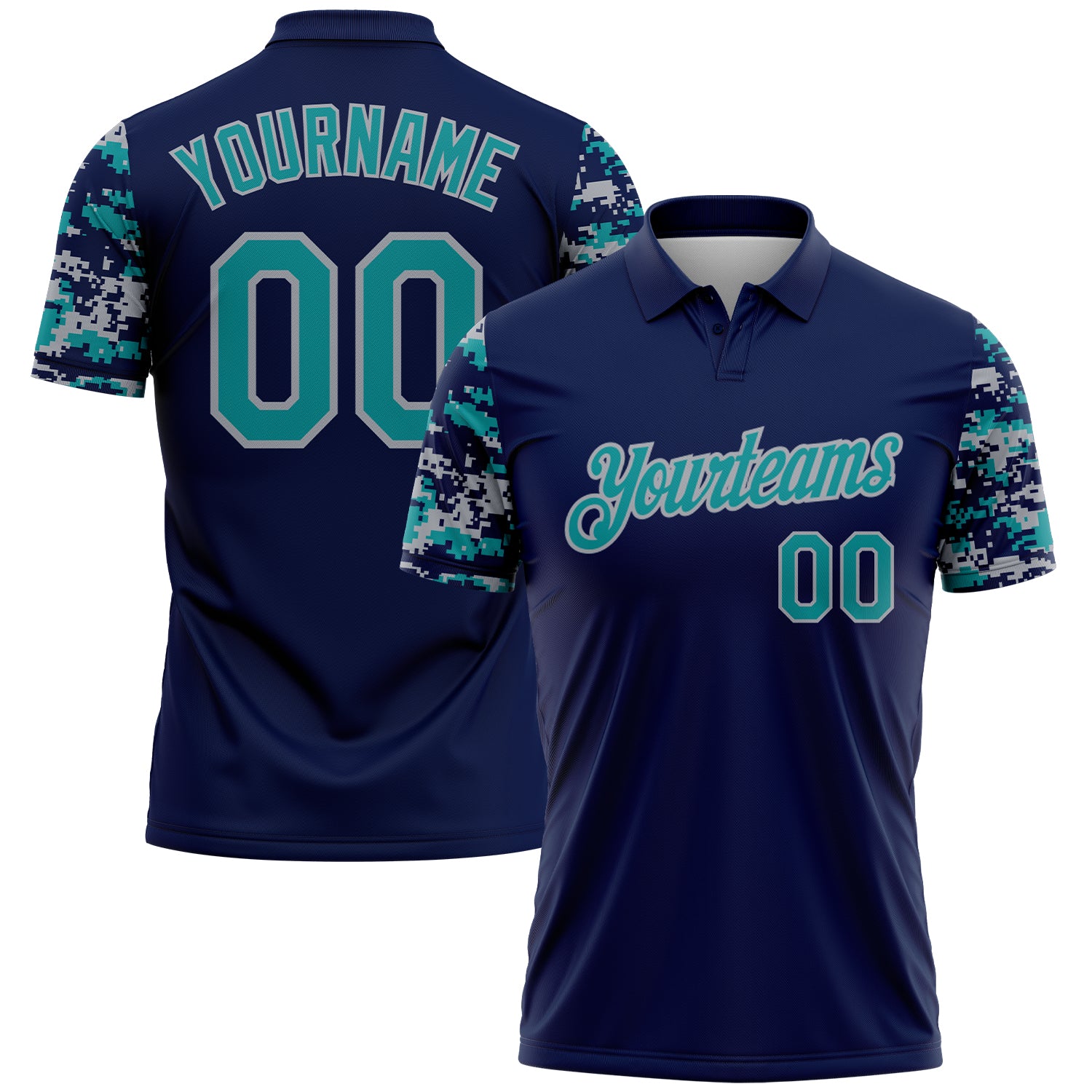Custom Navy Teal-Gray Digital Camo Two Tone Performance Polo Shirt