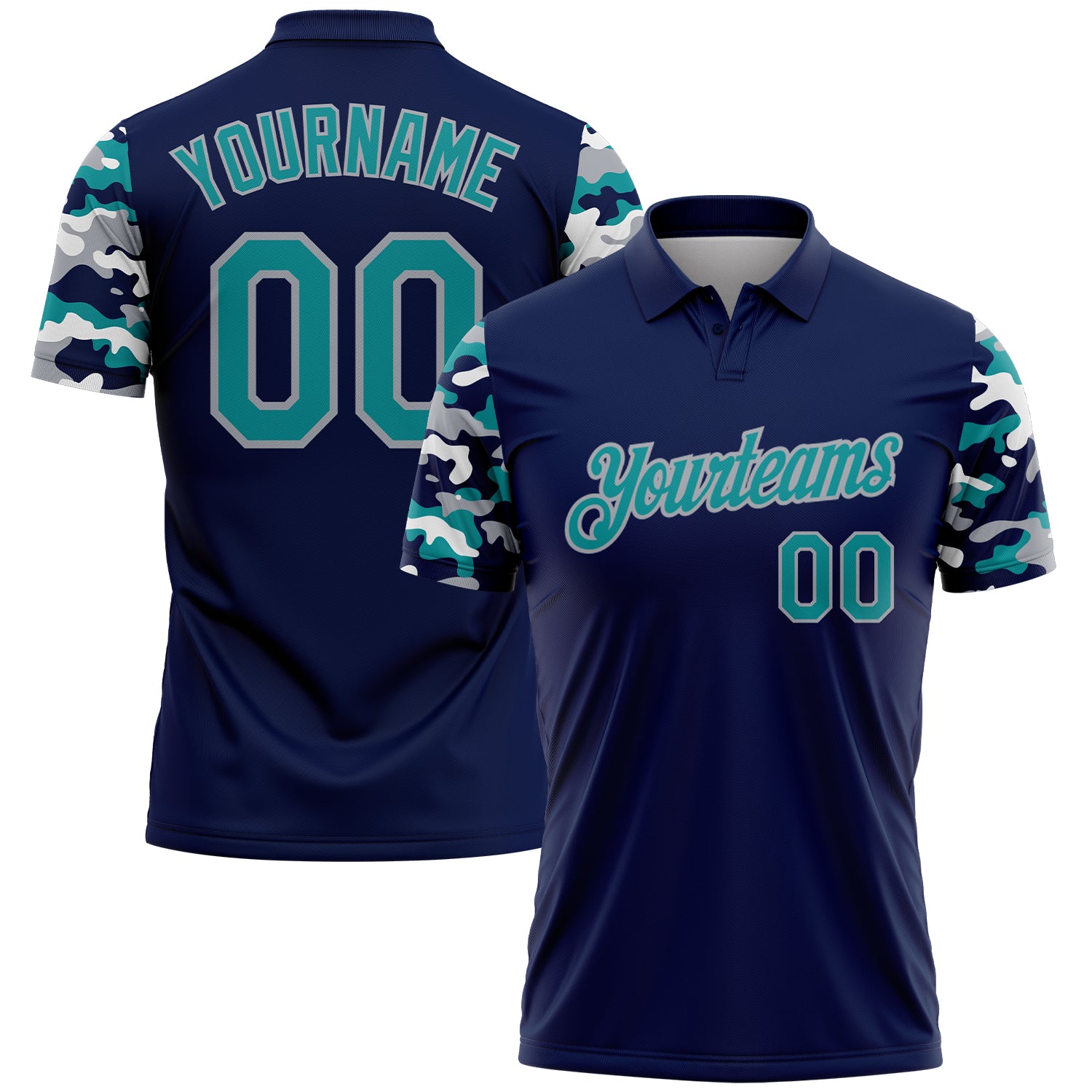 Custom Navy Teal Gray-White Digital Camo Two Tone Performance Polo Shirt