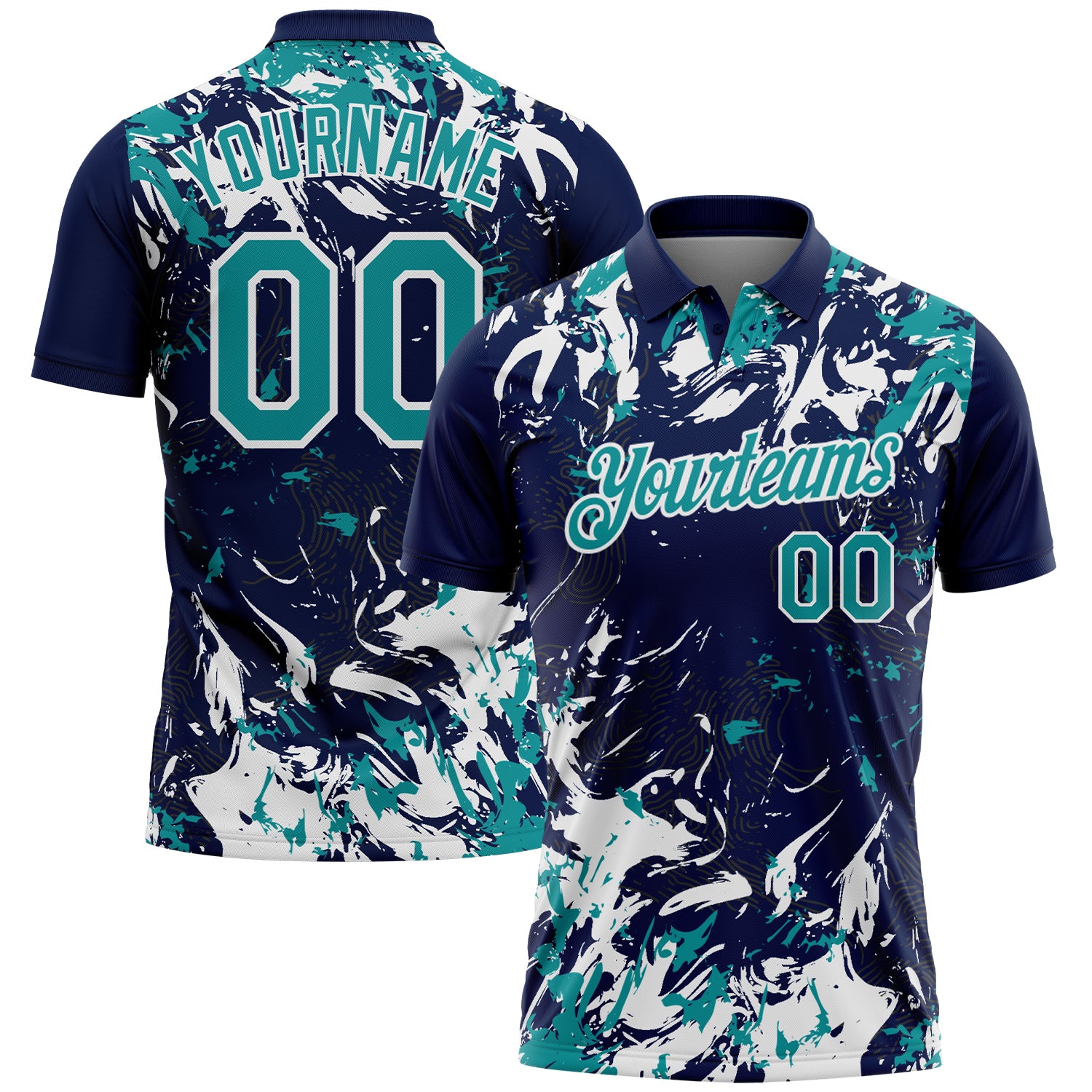 Custom Navy Teal-White Dynamic Splatter Brush Stroke Performance Polo Shirt