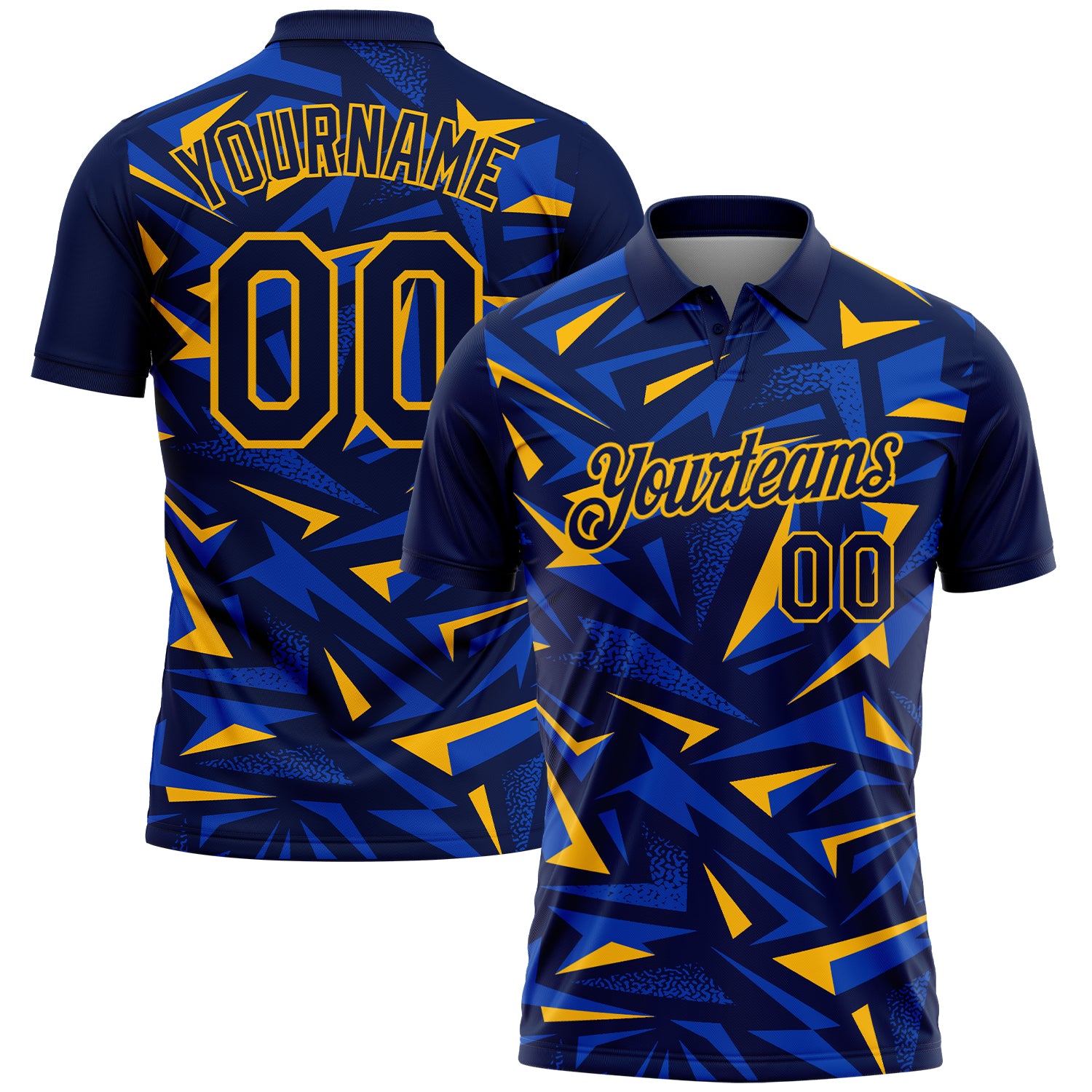 Custom Navy Thunder Blue-Gold Cyber Mecha E-sport Geometric Shards Spike Performance Polo Shirt