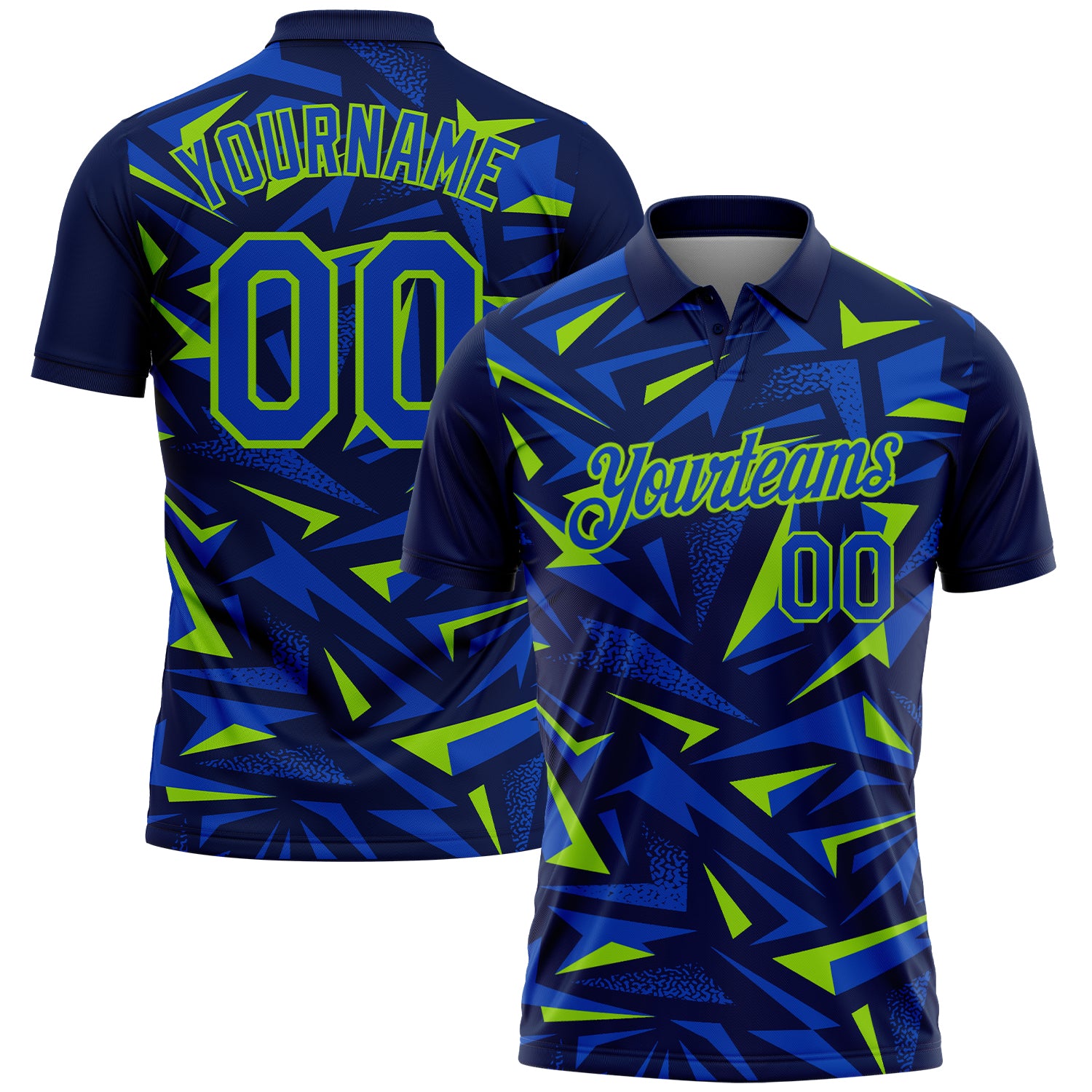 Custom Navy Thunder Blue-Neon Green Cyber Mecha E-sport Geometric Shards Spike Performance Polo Shirt