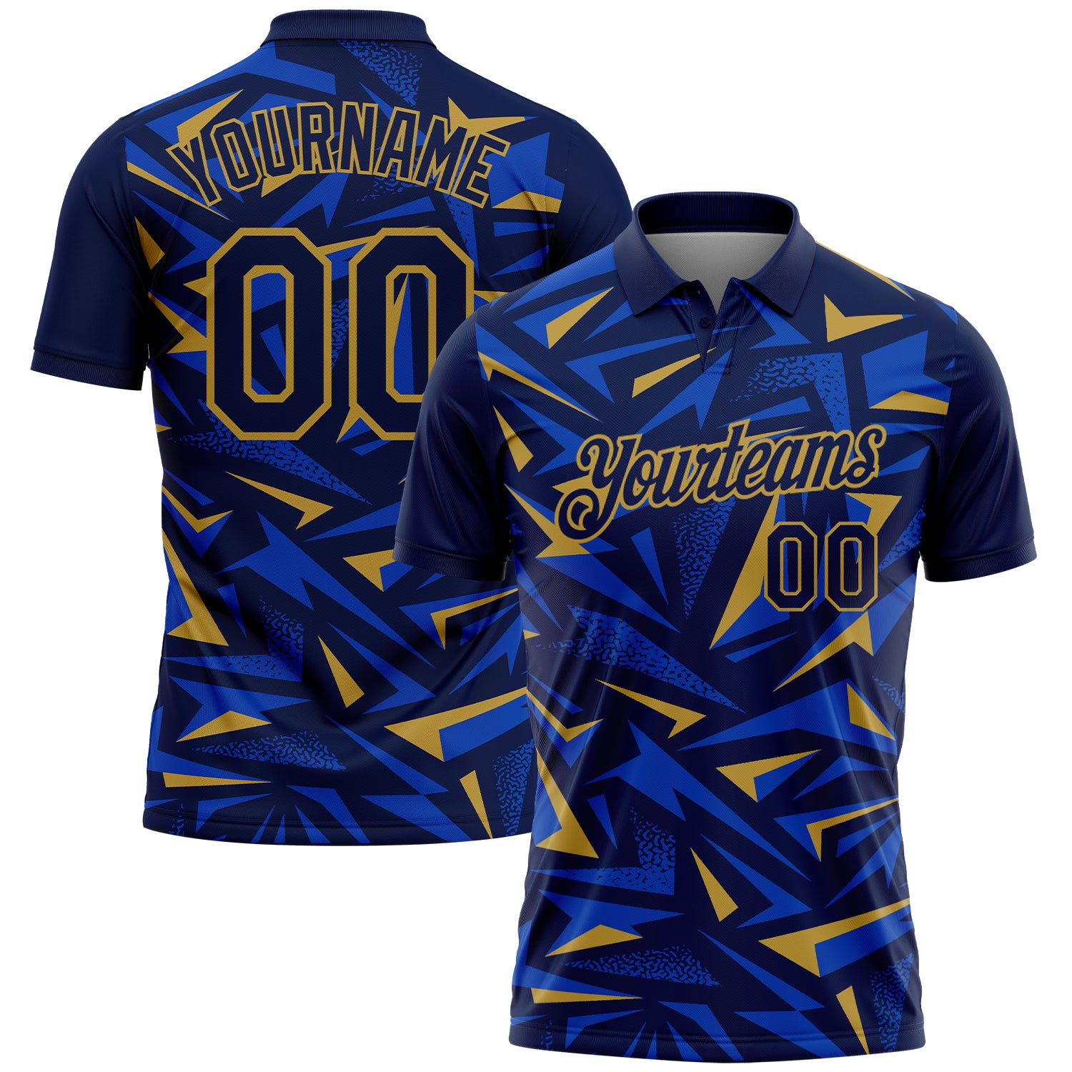 Custom Navy Thunder Blue-Old Gold Cyber Mecha E-sport Geometric Shards Spike Performance Polo Shirt