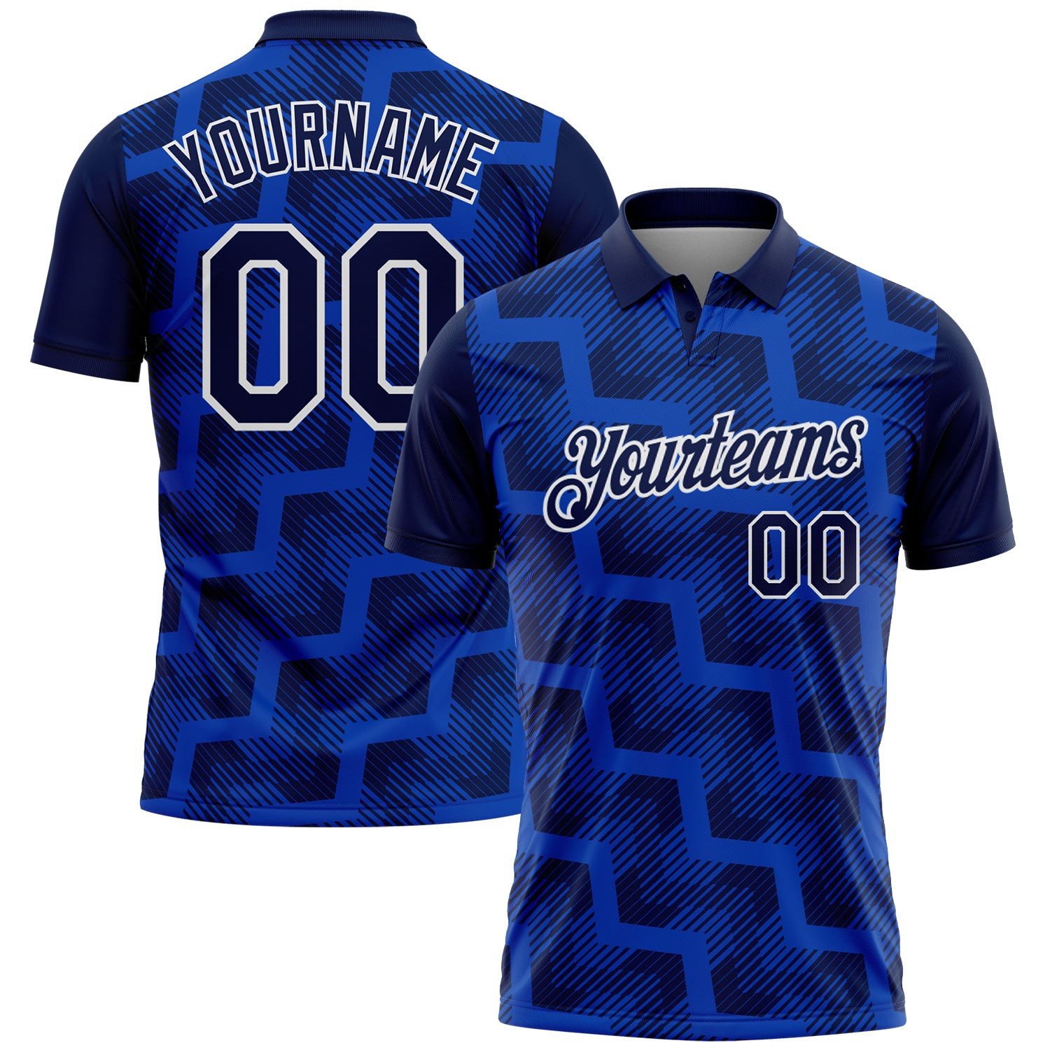 Custom Navy Thunder Blue-White Geometric Block Diagonal Line Hatching Performance Polo Shirt