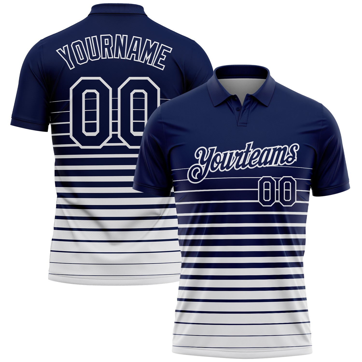 Custom Navy-White Horizontal Gradient Stripe Performance Polo Shirt