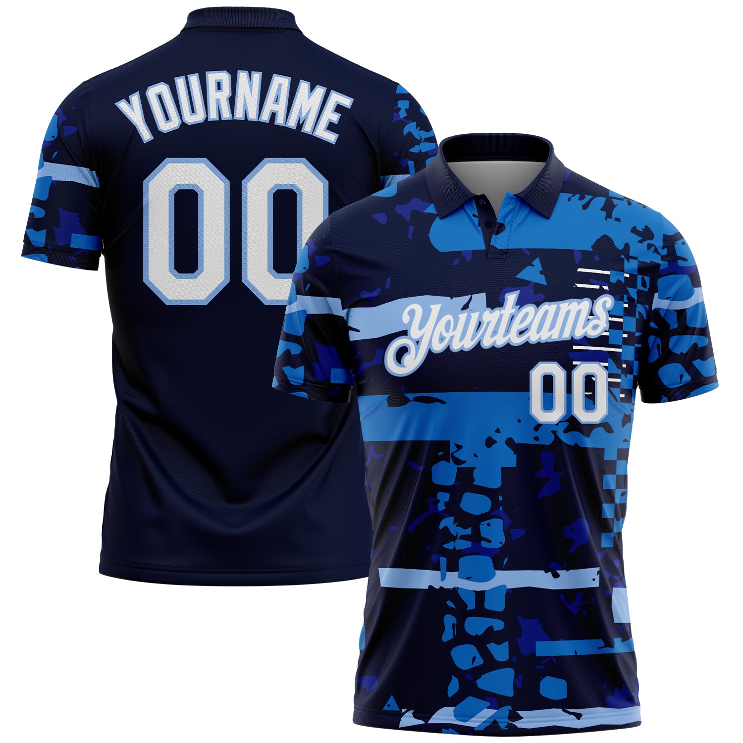 Custom Navy White-Light Blue Abstract Geometric Grunge Fragment Performance Polo Shirt