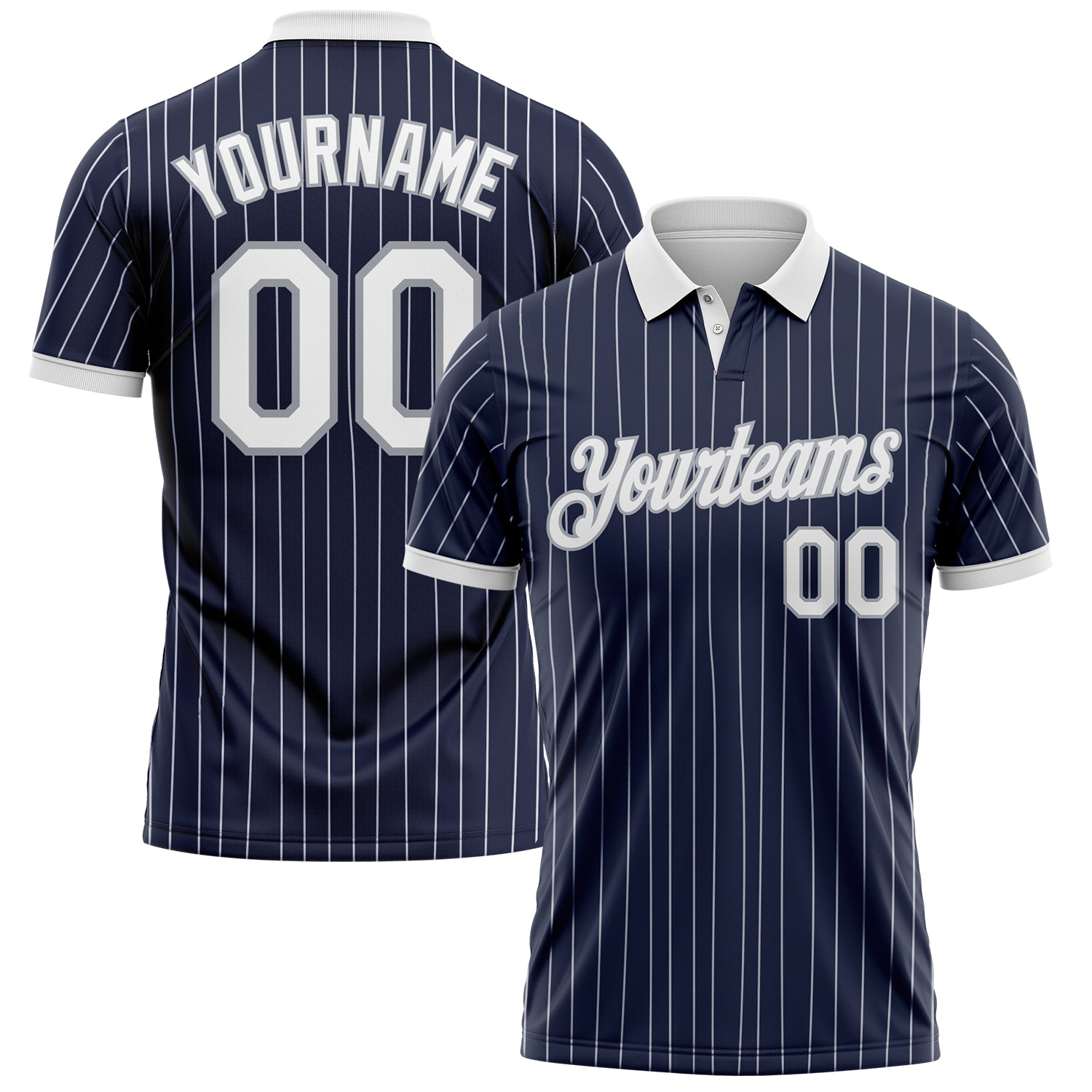 Custom Navy White Pinstripe-Gray Performance Polo Shirt