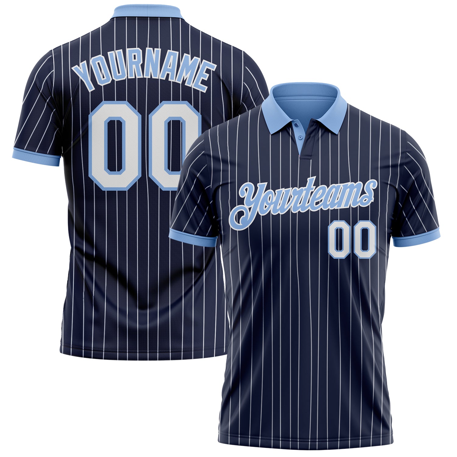 Custom Navy White Pinstripe-Light Blue Performance Polo Shirt