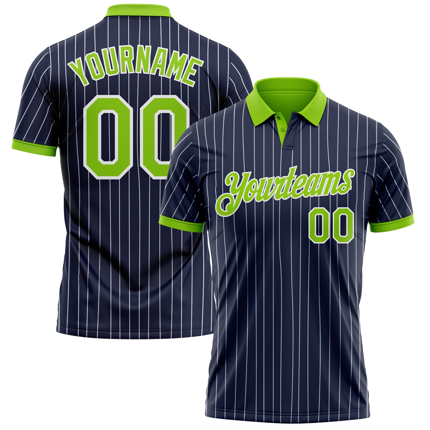Custom Navy White Pinstripe-Neon Green Performance Polo Shirt