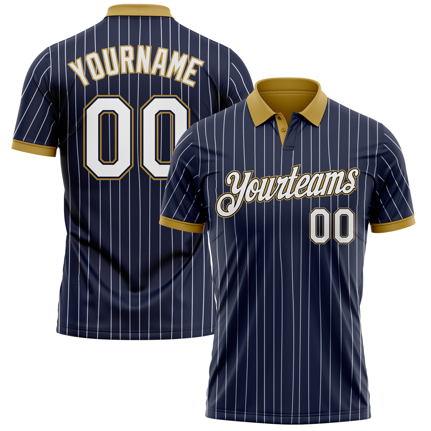 Custom Navy White Pinstripe-Old Gold Performance Polo Shirt