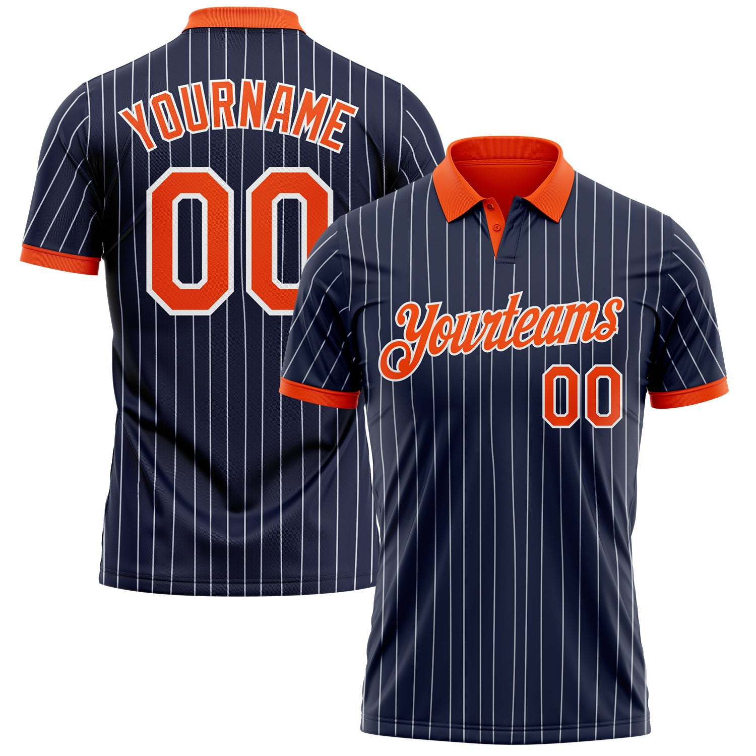 Custom Navy White Pinstripe-Orange Performance Polo Shirt