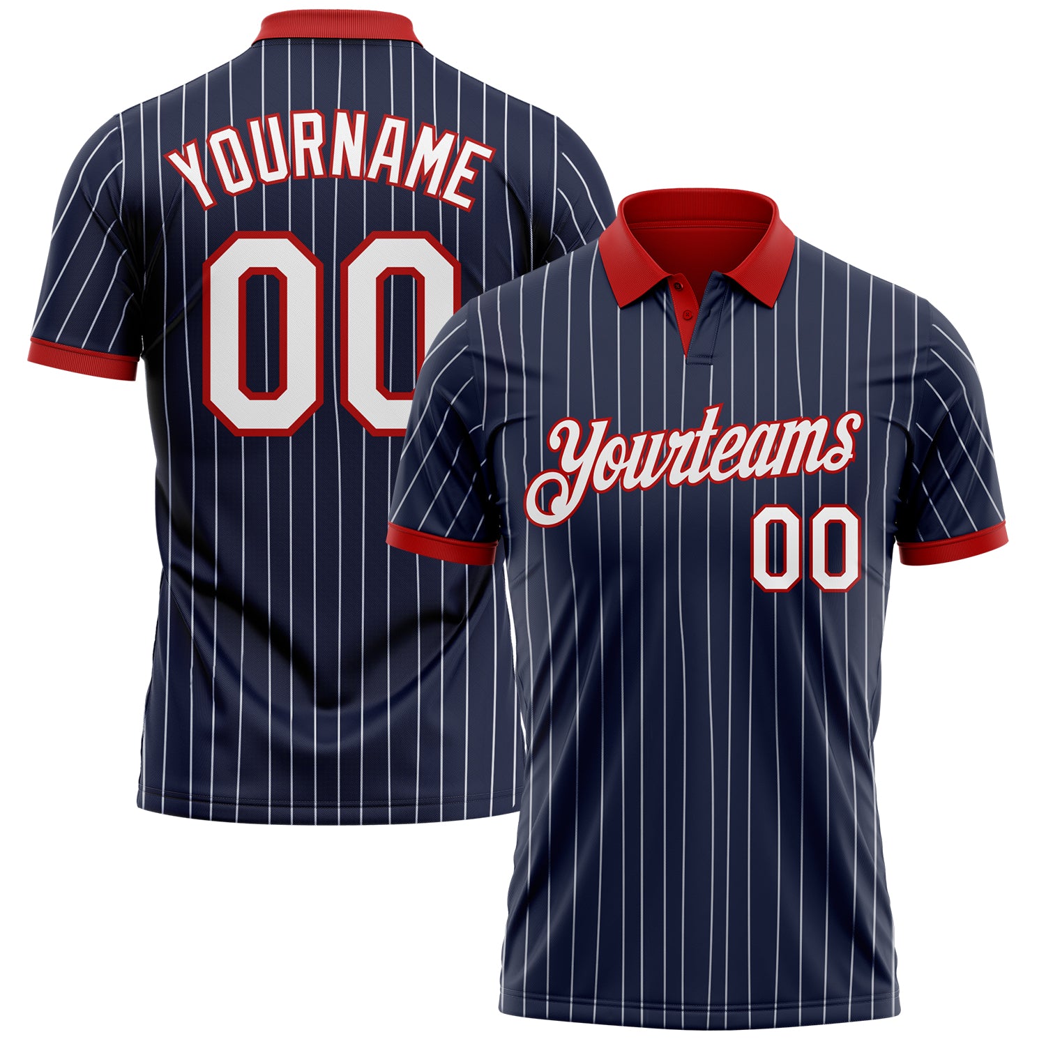 Custom Navy White Pinstripe-Red Performance Polo Shirt